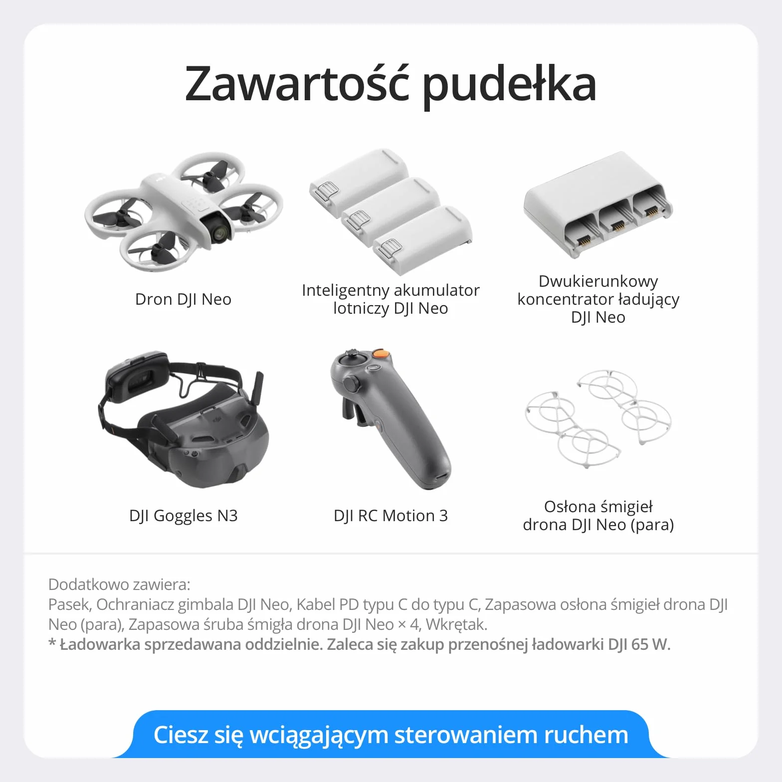 DJI Neo Motion Fly More Combo, mini dron z kamerą 4K UHD dla dorosłych, 135 g samodzielnie latający dron śledzący użytkownika, start z dłoni, śledzenie obiektu, QuickShots, z RC Motion 3 i 3 aku