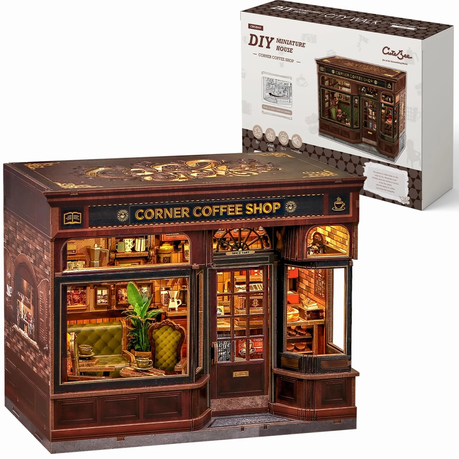 CUTEBEE Book Nook – DIY Mini House Miniaturowego Domku Dla Lalek dla Dorosłych z Oświetleniem LED, Układanką 3D i do – Dekoracja Półki na Książki i Pomysł na Prezent (Corner Coffee Shop)