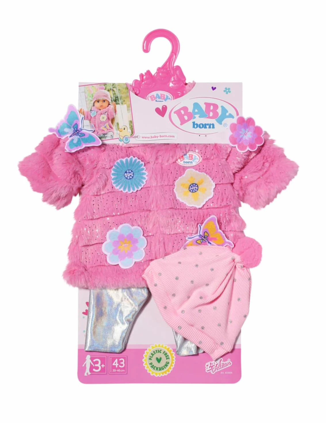 BABY born 833834 - Miękki różowy płaszcz z legginsami i czapką dla lalek 43 cm - Lalka nie wchodzi w zakres dostawy - Odpowiedni dla dzieci w wieku 3 lat +