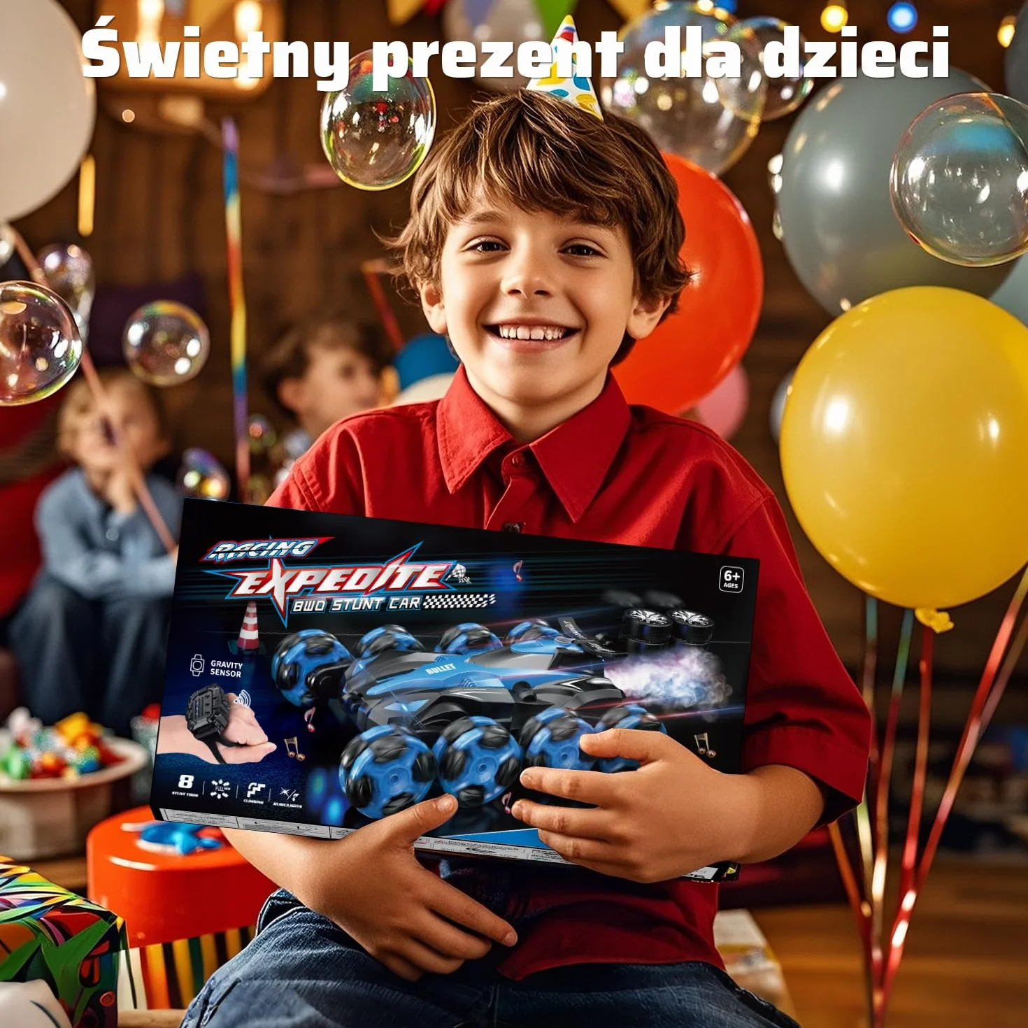 Zdalnie Sterowany Samochód Akrobacyjny 1:16 dla Dzieci 6+, 8 Kół, Sterowanie Gestami 2.4 GHz, Światła LED, Mgła i Muzyka - Zabawka RC dla Chłopców i Dziewczynek 6-10 Lat (Niebieski)