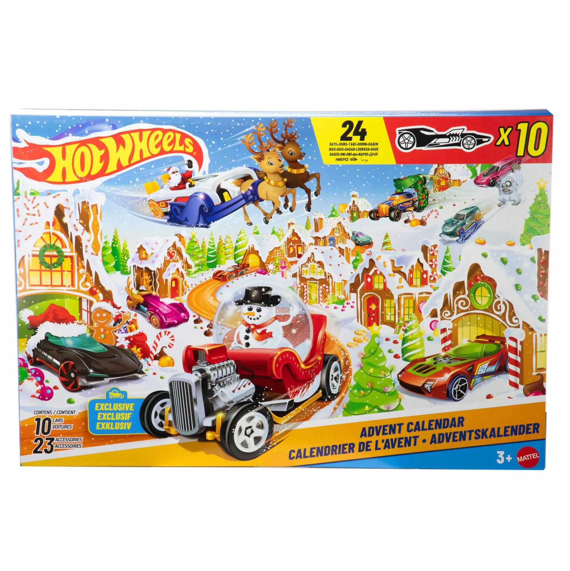 Mattel Hot Wheels Kalendarz adwentowy Zestaw do zabawy, 10 samochodów zabawek w skali 1:64, 10 ozdobnych klipsów i 14 zimowych akcesoriów, JCB47