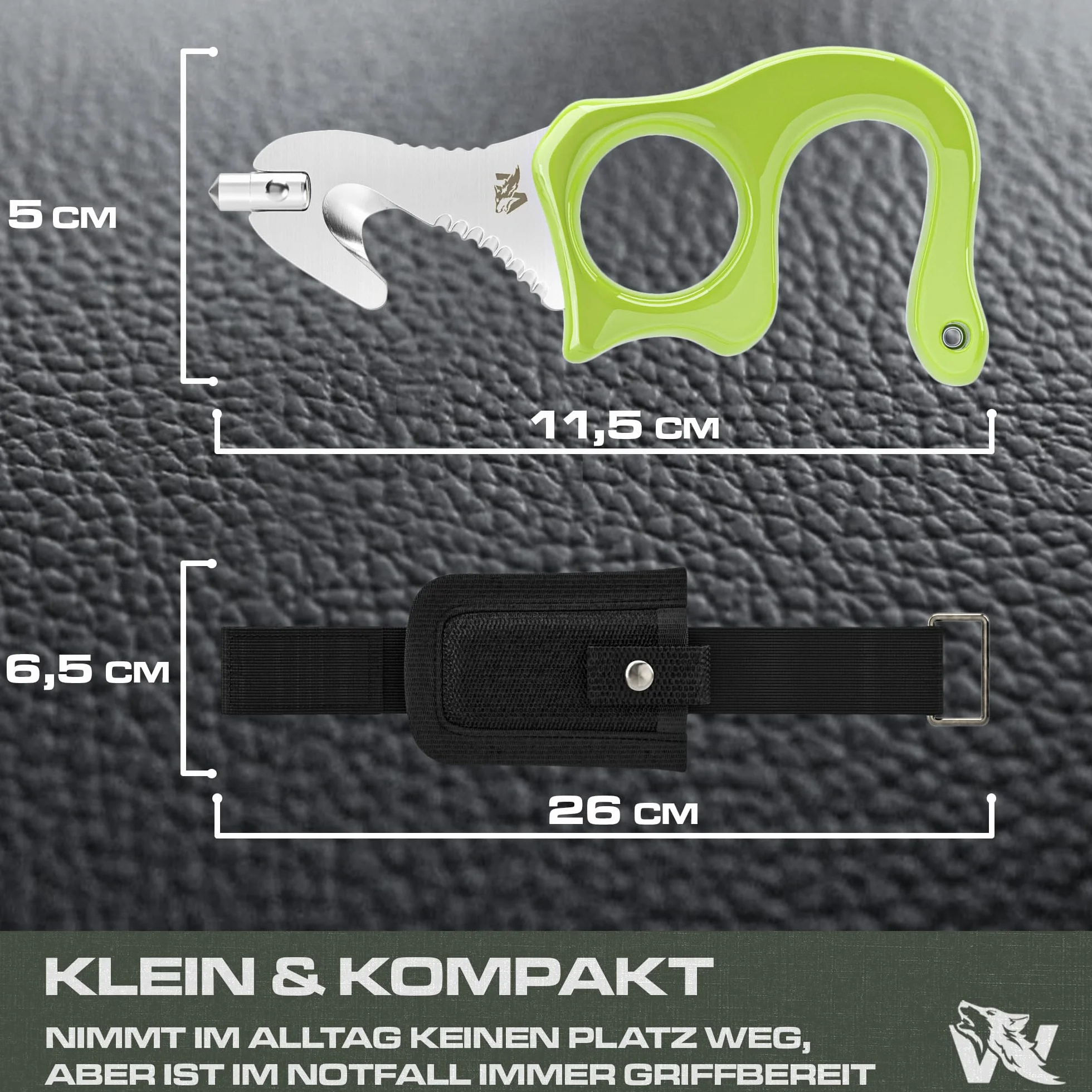 Wolfgangs Rescue Tool aus feinstem 440C Stahl - Handlicher Gurtschneider Notfallhammer Auto mit Leuchtfunktion - Nothammer Auto Sicherheitsset mit extra Aufbewahrungstasche für die Sonnenblende
