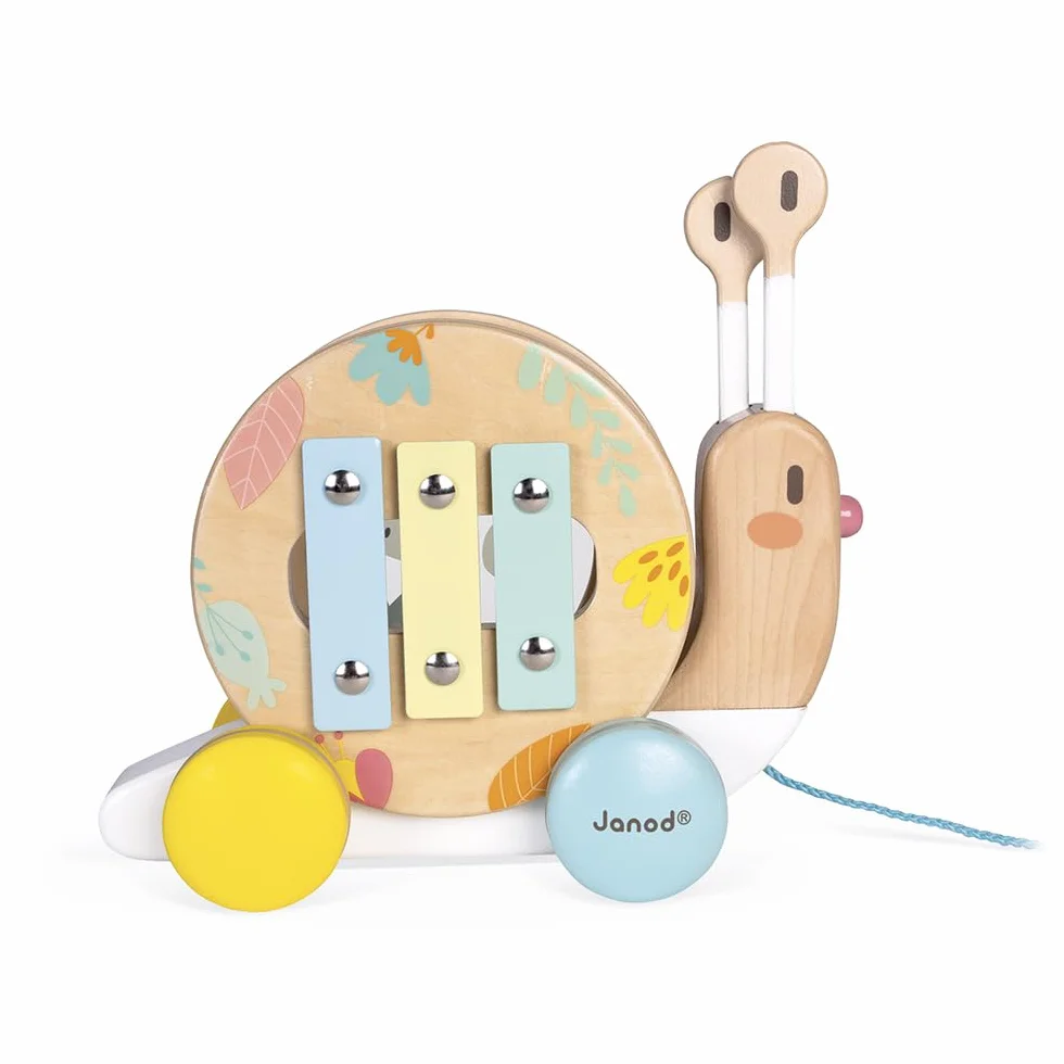 Janod - Wooden Pure Pull-Along Snail - Wooden Toy with Xylophone and Tambourine - Water Based Paint - Educational Musical Early Learning Toy - from 1 Year Old, J05159