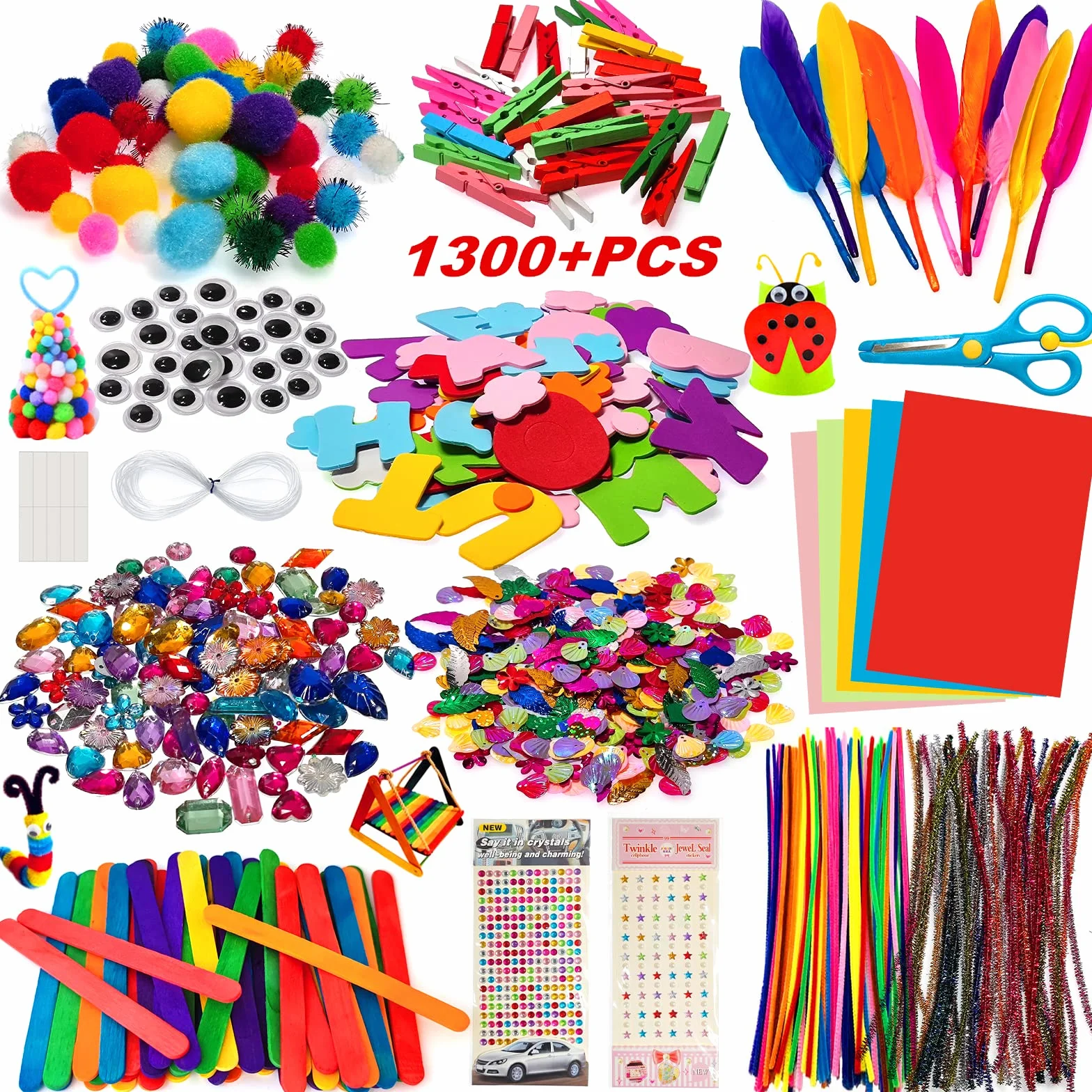 Zestaw do majsterkowania dla dzieci, 1300 sztuk, zestaw do majsterkowania, akcesoria do scrapbookingu, do czyszczenia fajek, pomponów, piór, perły, ruchome oczy, cekiny, akcesoria do majsterkowania