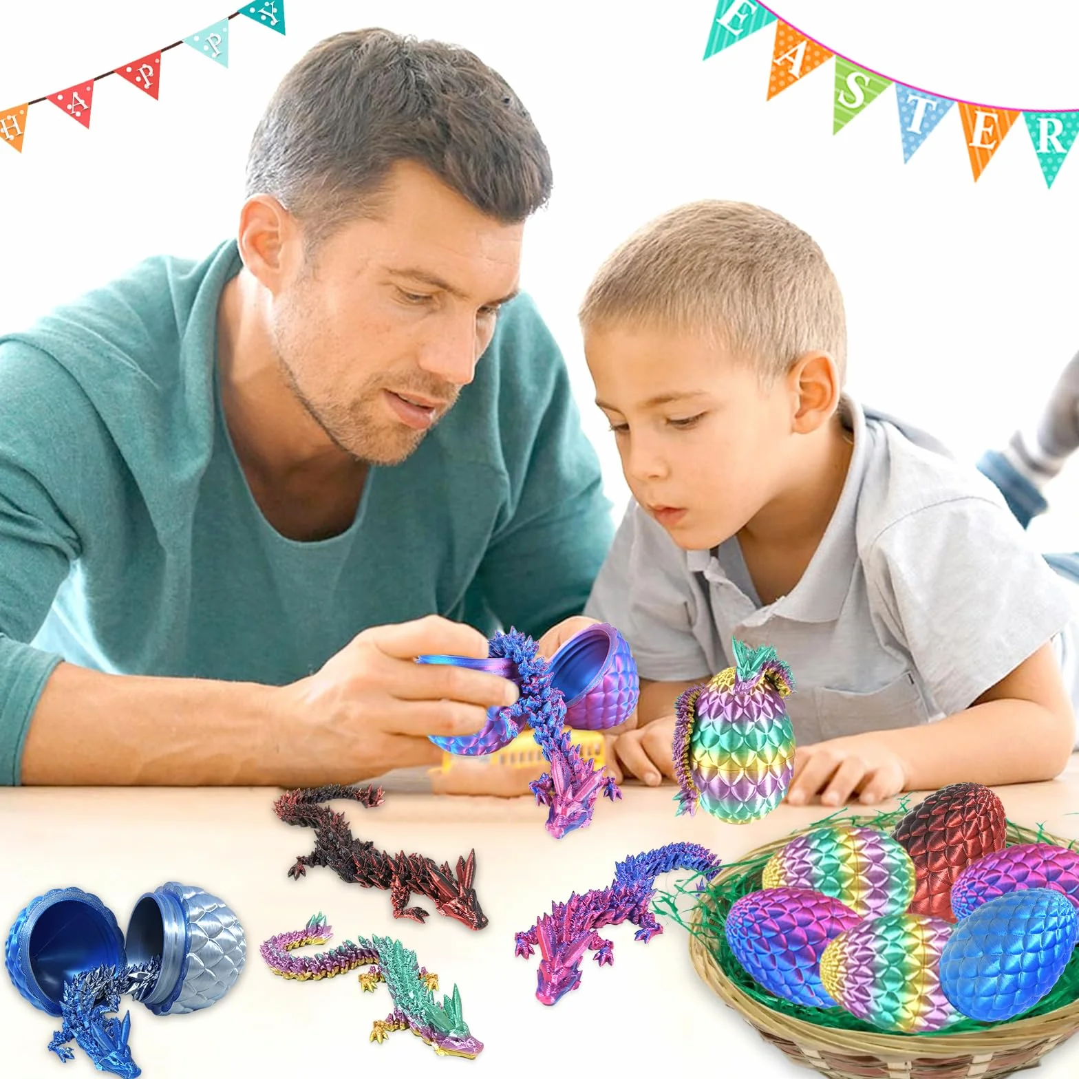 3D Drukowane Smoki w Jaju, 4-pakt 3D Drukowane Jajo Smoka z Smokiem Wewnątrz Styczna Figurka Smoka z Kryształu, Wypełniacze na Wiosenny Kosz, 3D Drukowana Zabawka do Rozgryzania na Boże Narodzenie