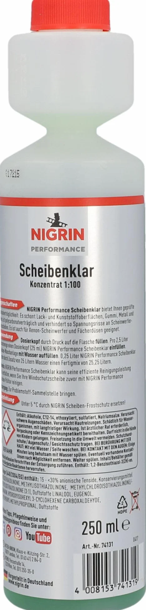 NIGRIN Scheibenklar koncentrat 1:100, szybki i skuteczny dla najlepszej widoczności, 250 ml, bezbarwny
