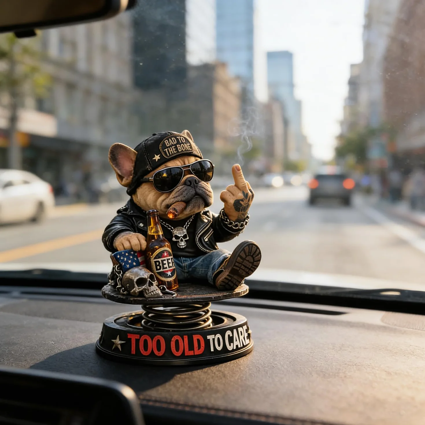 Too Old to CareDashboard Bobblehead, śliczny buldog dekoracja deski rozdzielczej, ciekawa deska rozdzielcza buldog środkowy palec statuetka dekoracja, humorystyczny bob samochodowy