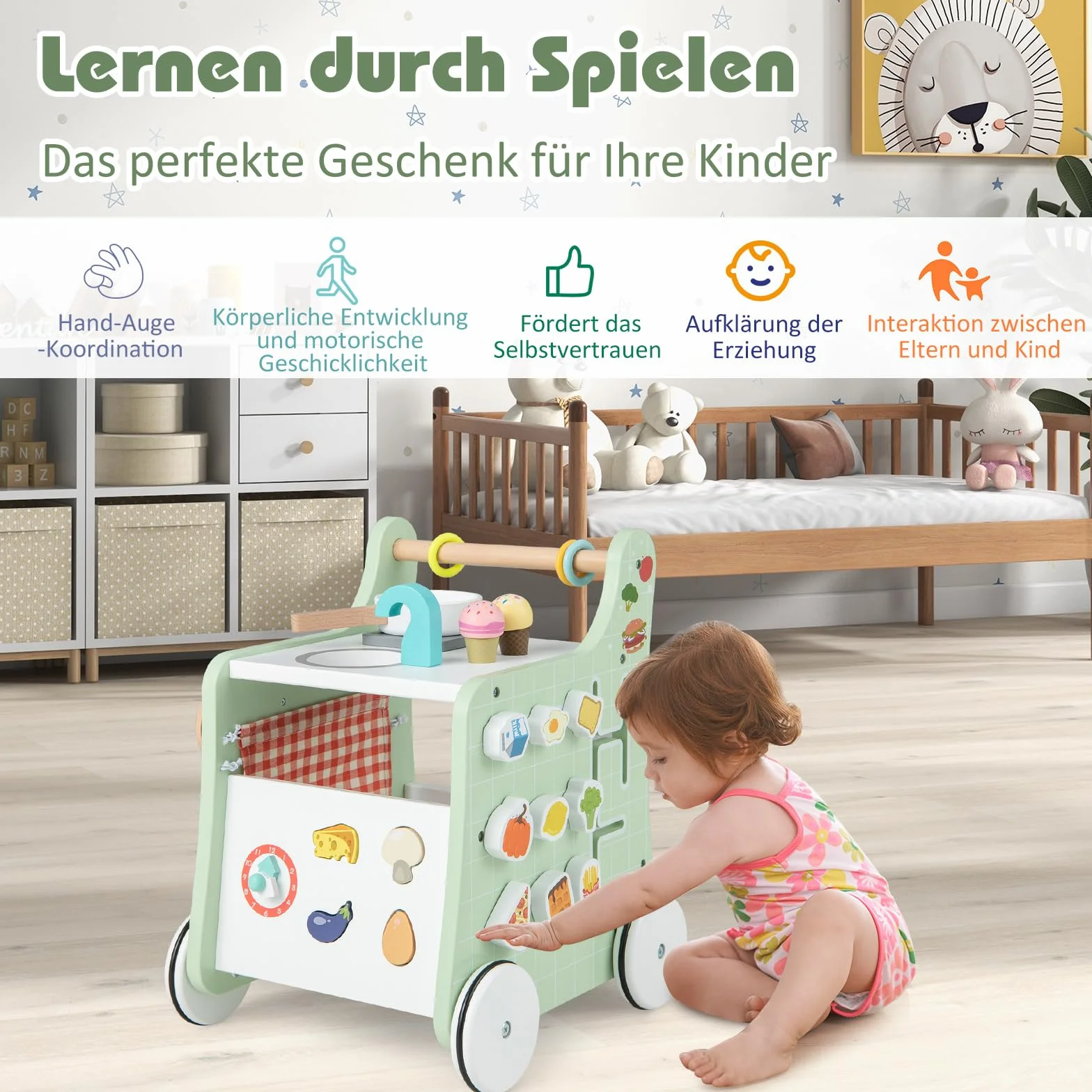 COSTWAY Drewniany wózek do nauki chodzenia 6 w 1, pomoc w nauce chodzenia z kuchnią do zabawy, zegarem do nauki, dopasowaniem kształtu i ruchomym suwakiem, kuchnia dziecięca Baby Walker z kółkami, dla
