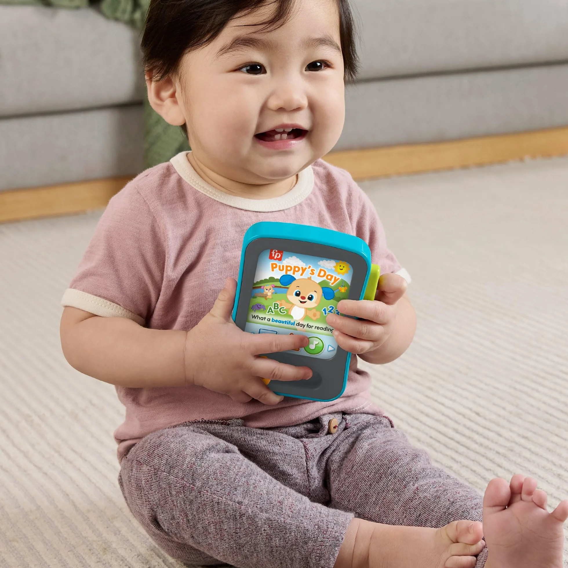 Fisher-Price Zabawka edukacyjna dla niemowląt, śmiech i ucz się, czytnik historii szczeniaka, tablet z muzyką i światłami, dla dzieci w wieku od 6 miesięcy, wersja wielojęzyczna: angielski, francuski