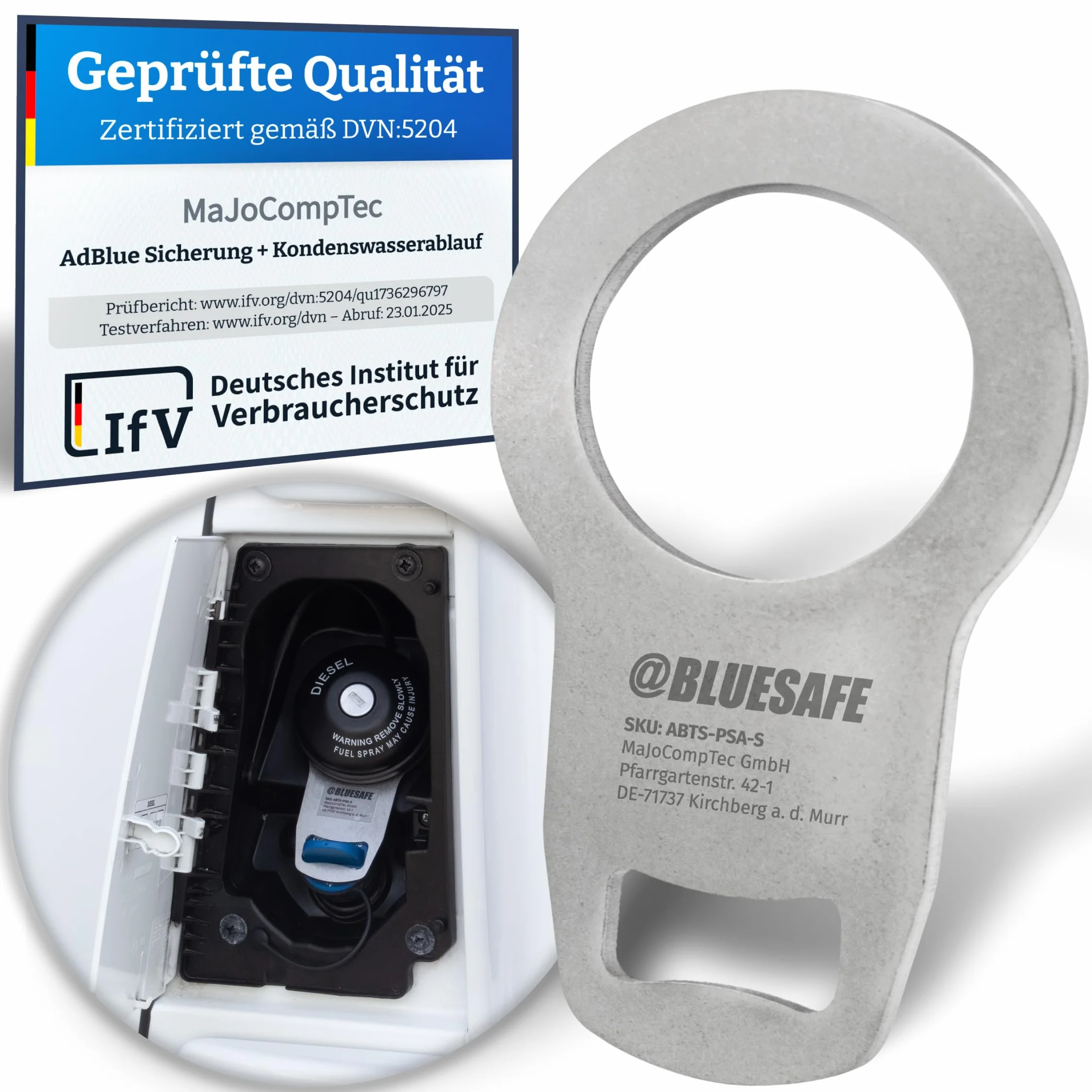 MaJoCompTec® ADBLUESAFE Zabezpieczenie korka wlewu paliwa, zabezpieczenie wlewu paliwa AdBlue, akcesoria do samochodów kempingowych (wersja ze stali nierdzewnej, bezpiecznik Boxer + Jumper + Ducato)