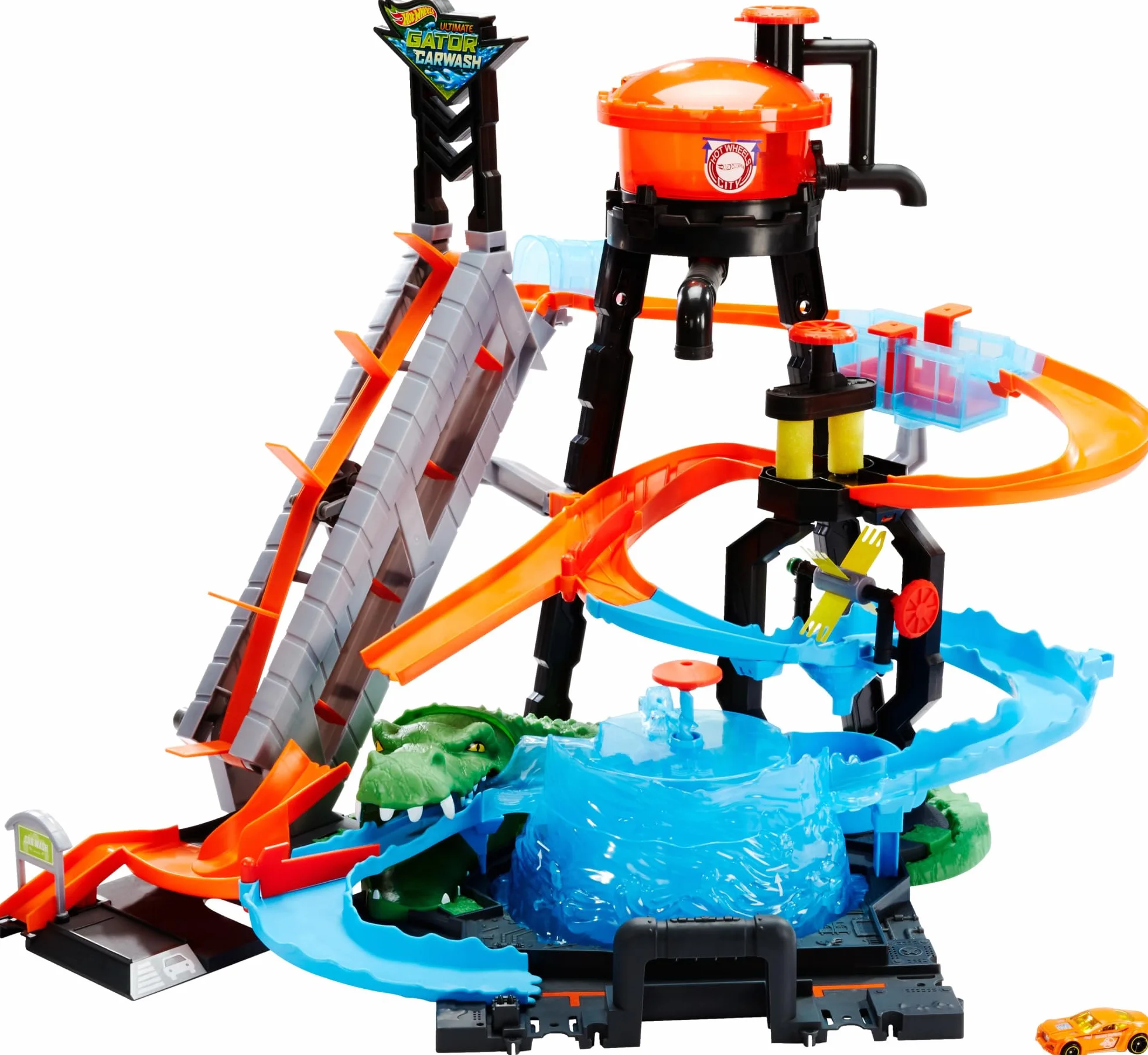 Hot Wheels City Myjnia samochodowa Atak krokodyla Zestaw do zabawy z funkcją zmiany kolorów samochodów Color Shifters, FTB67