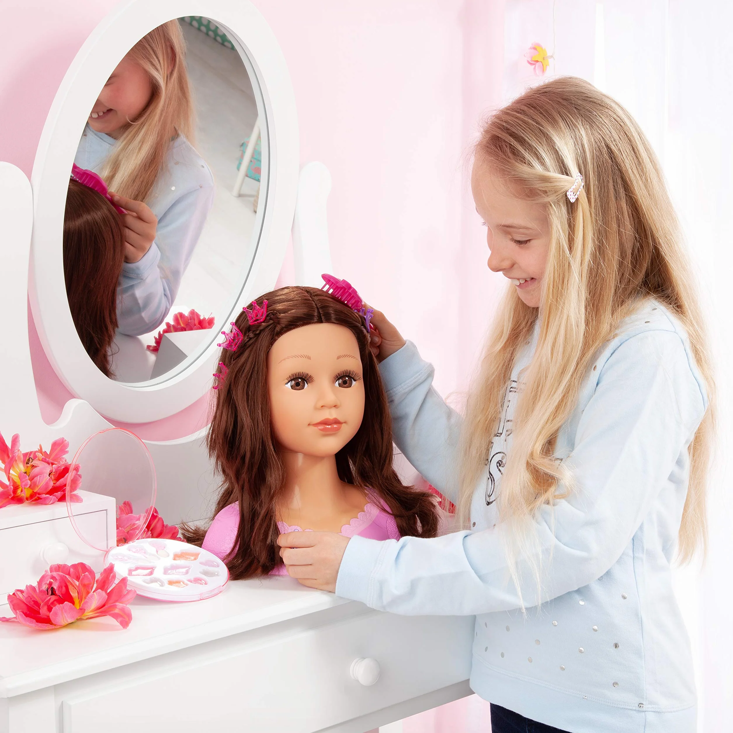 Bayer Design 90088AK Głowa do stylizacji dla dzieci, lalka do stylizacji Charlene Super Model z akcesoriami, brązowe włosy