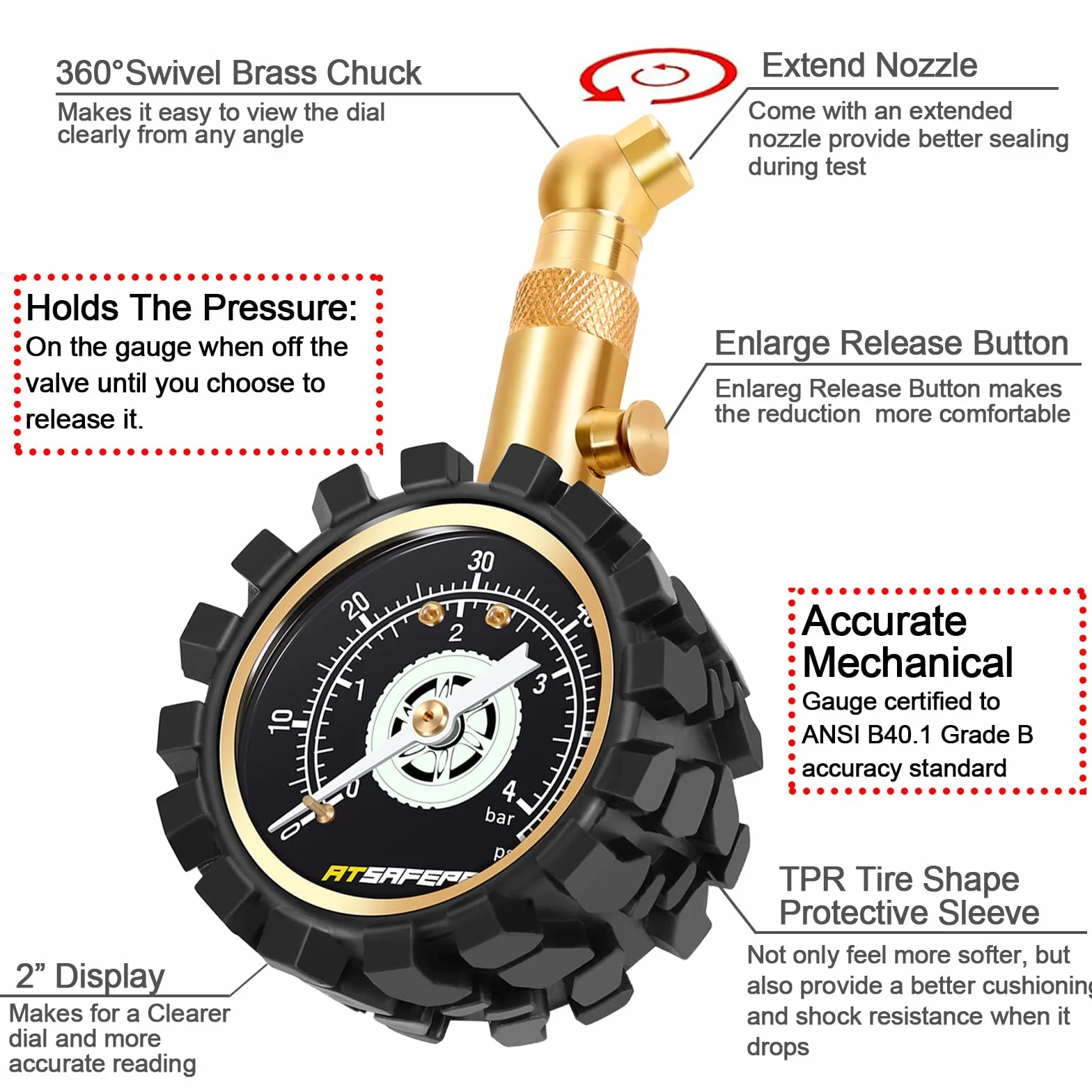 ATsafepro miernik ciśnienia w oponach dokładny samochód 60psi 4bar z dużą 2 "świecącą twarz profesjonalny mechaniczny miernik ciśnienia w oponach Bourdon do motocykla samochód ATV SUV