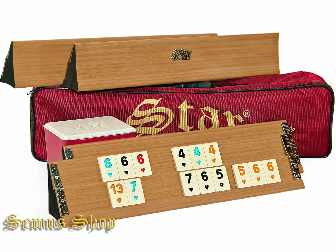Zestaw premium Okey/Rummy – lite drewno, melamina kamienie do zabawy, wyściełana torba do przenoszenia, długopis, 104 kamienie + 2 jokery + kostki (jasne)