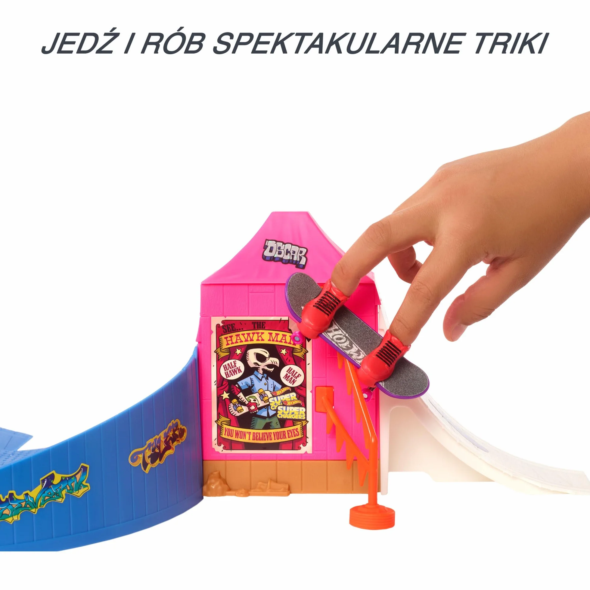 Hot Wheels Skate Skatepark Wesołe miasteczko Zestaw z 1 wyjątkową deskorolką od Tony’ego Hawka do jazdy palcami i 1 parą butów deskorolkowych, zabawka dla dzieci, HGT95