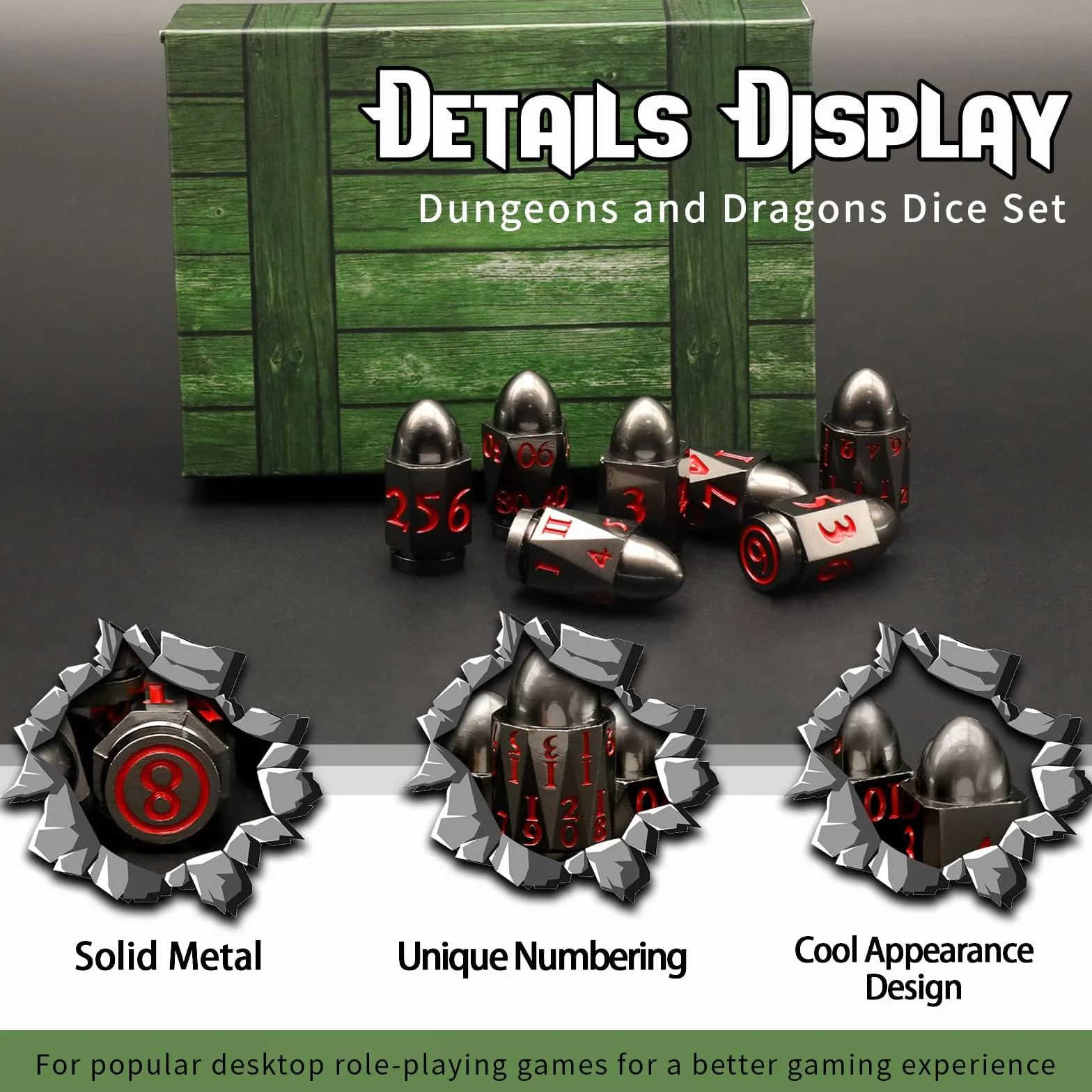Zestaw kości DND Dungeons and Dragons, ZHOORQI Bullet Metal Dice, wielościenne kości do gier RPG D&D(7Bullet - Black Red)