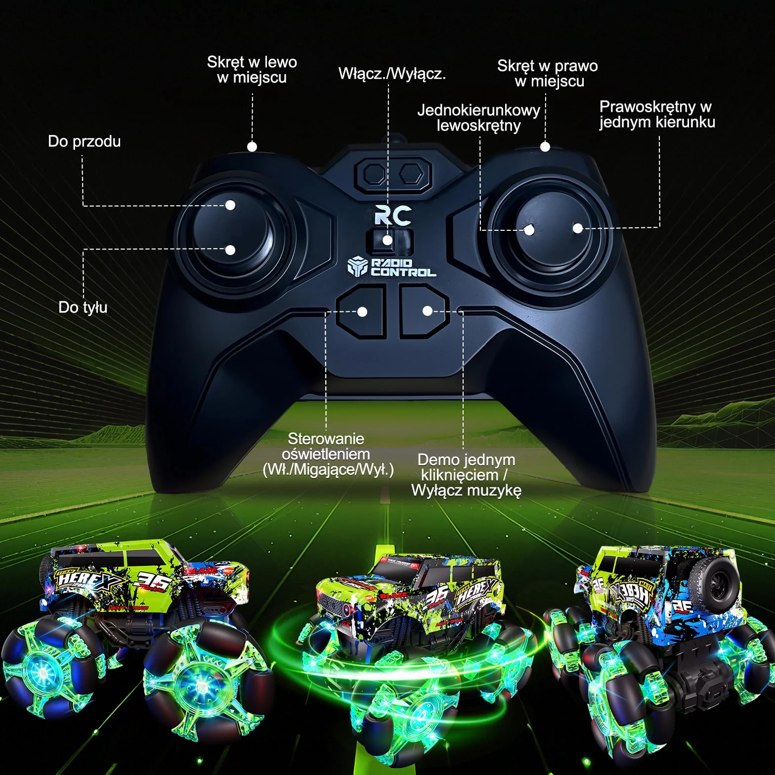 PENGBU RC Zdalnie sterowany samochód od 3, 4, 6 lat, 2,4 GHz, monstertruck, zdalnie sterowany samochód z oświetleniem, oponami i muzyką, 1/20, z obrotem o 360° i 2 akumulatorami, chłopcy 3, 4, 5, 6, 7
