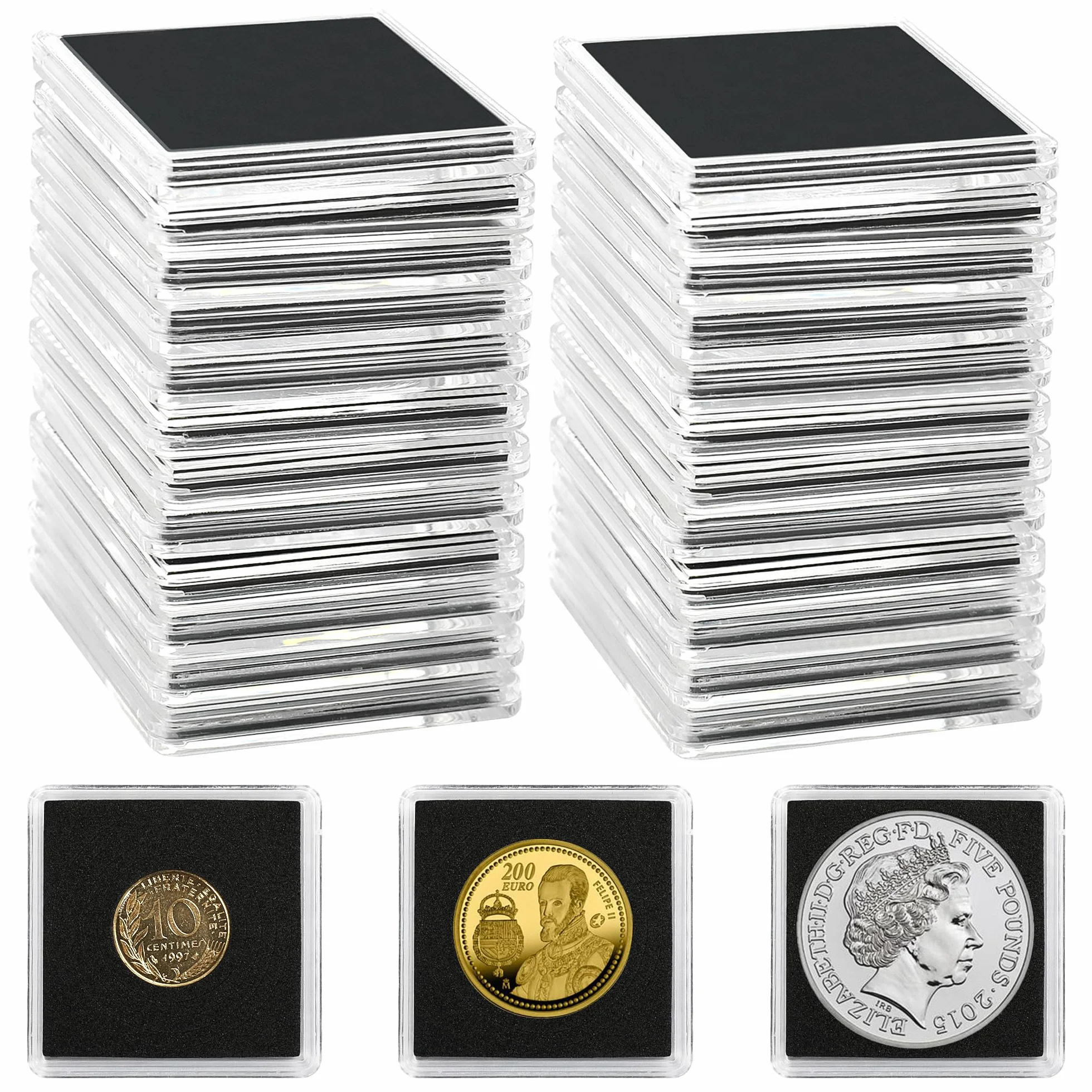 Uncle Paul Kapsułki na monety, 25 szt., 20, 25, 30, 35, 40 mm, z 5 rozmiarami, czarne uszczelki, przezroczyste etui na artykuły kolekcjonerskie, srebrne dolary, funty centów