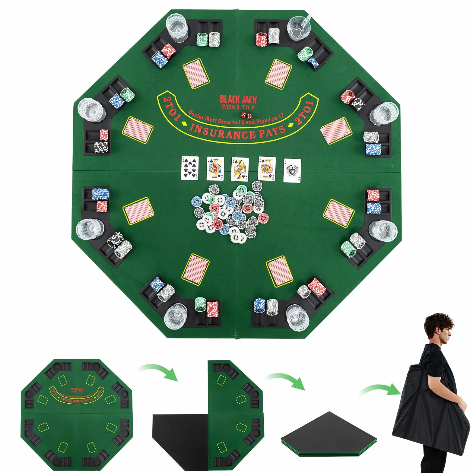 GOPLUS Składana mata do pokera, nakładka na stół pokerowy dla maksymalnie 8 graczy, obrus z torbą do przenoszenia i uchwytem na napoje, ośmiokątna podkładka na stół pokera, na imprezy, 120 x 120 cm