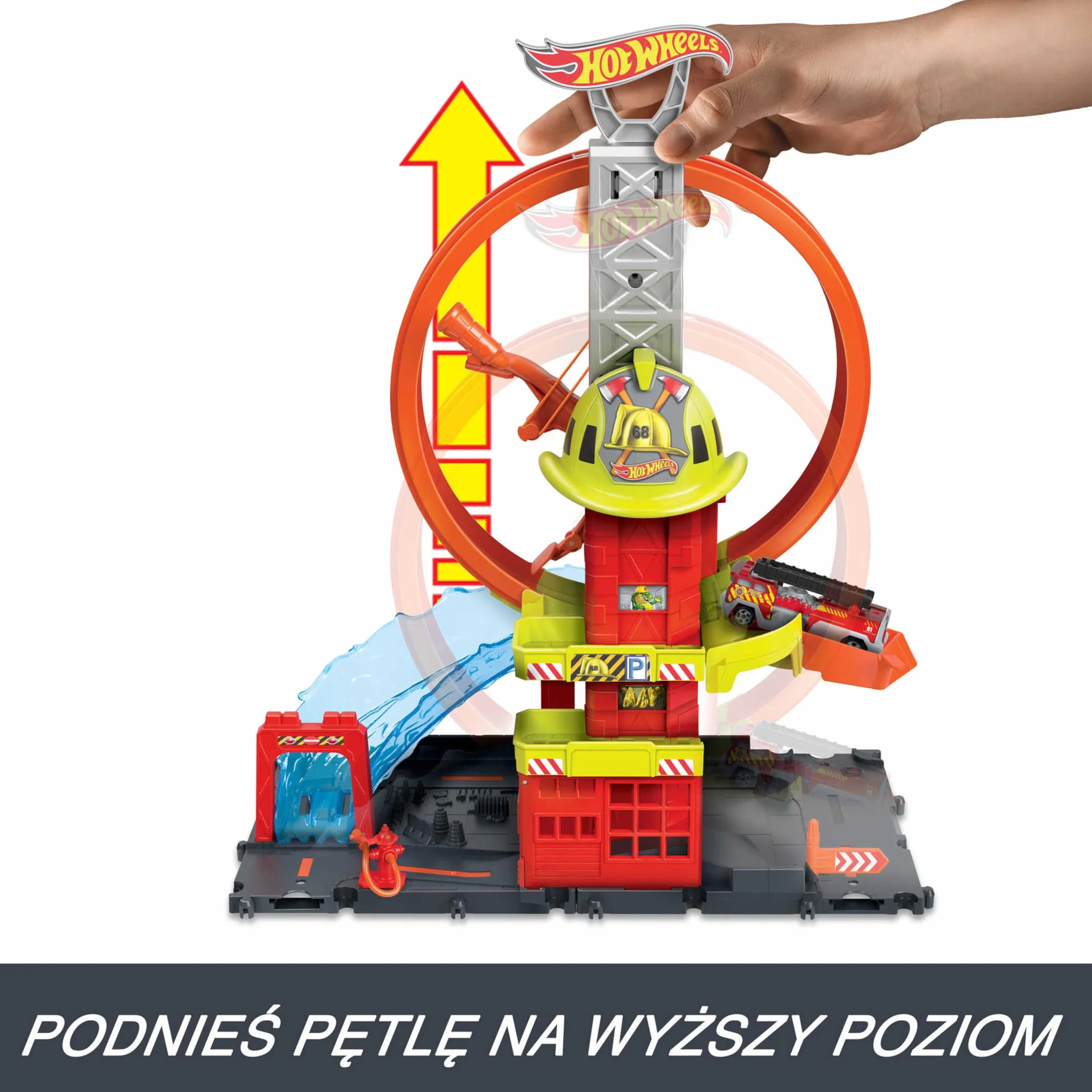 Hot Wheels HKX41 - HW City z 1 samochodem zabawkowym, ręcznie sterowaną windą, rampą przypominającą wodę, elementami toru, remizą strażacką z super pętlą, samochody zabawkowe dla dzieci od 4 lat