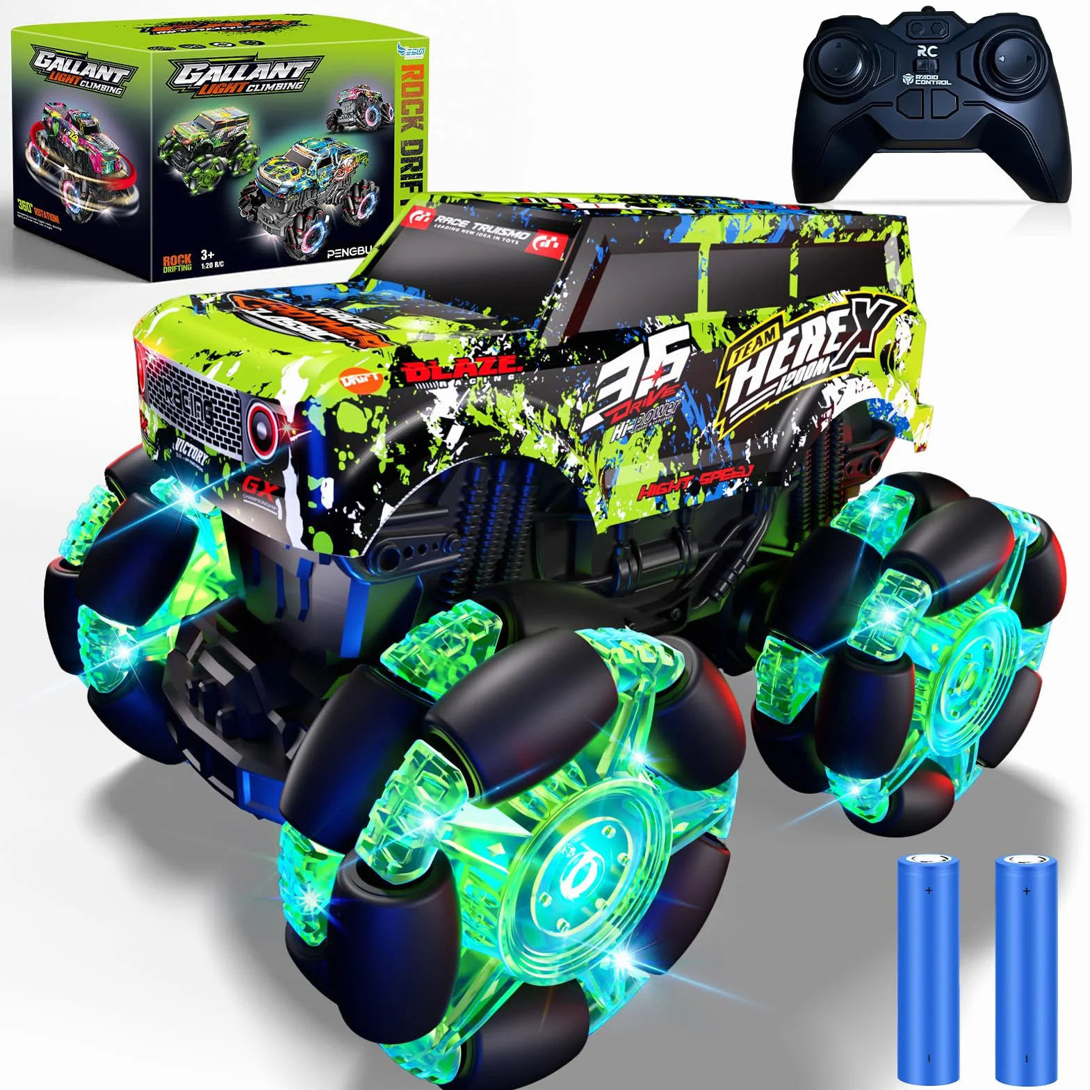 PENGBU RC Zdalnie sterowany samochód od 3, 4, 6 lat, 2,4 GHz, monstertruck, zdalnie sterowany samochód z oświetleniem, oponami i muzyką, 1/20, z obrotem o 360° i 2 akumulatorami, chłopcy 3, 4, 5, 6, 7
