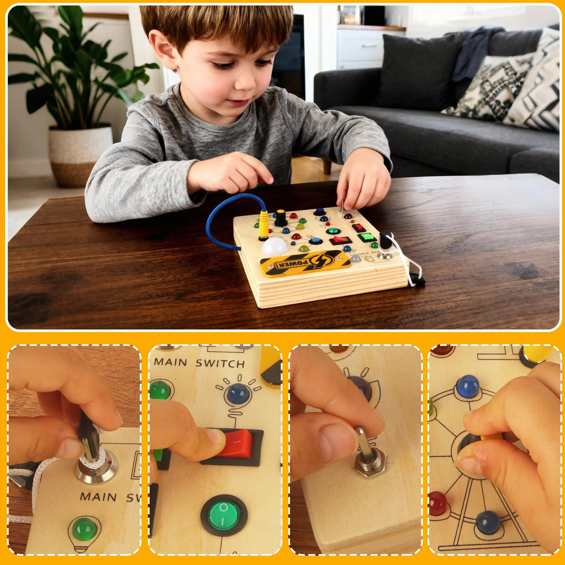 Placa Aktywności Montessori od 1 Roku, Deska Aktywności z Lusterkami LED i Przełącznikami, Zabawka Montessori do Motoryki i Sensoriki, Prezent dla Chłopców i Dziewcząt 1-4 Lat