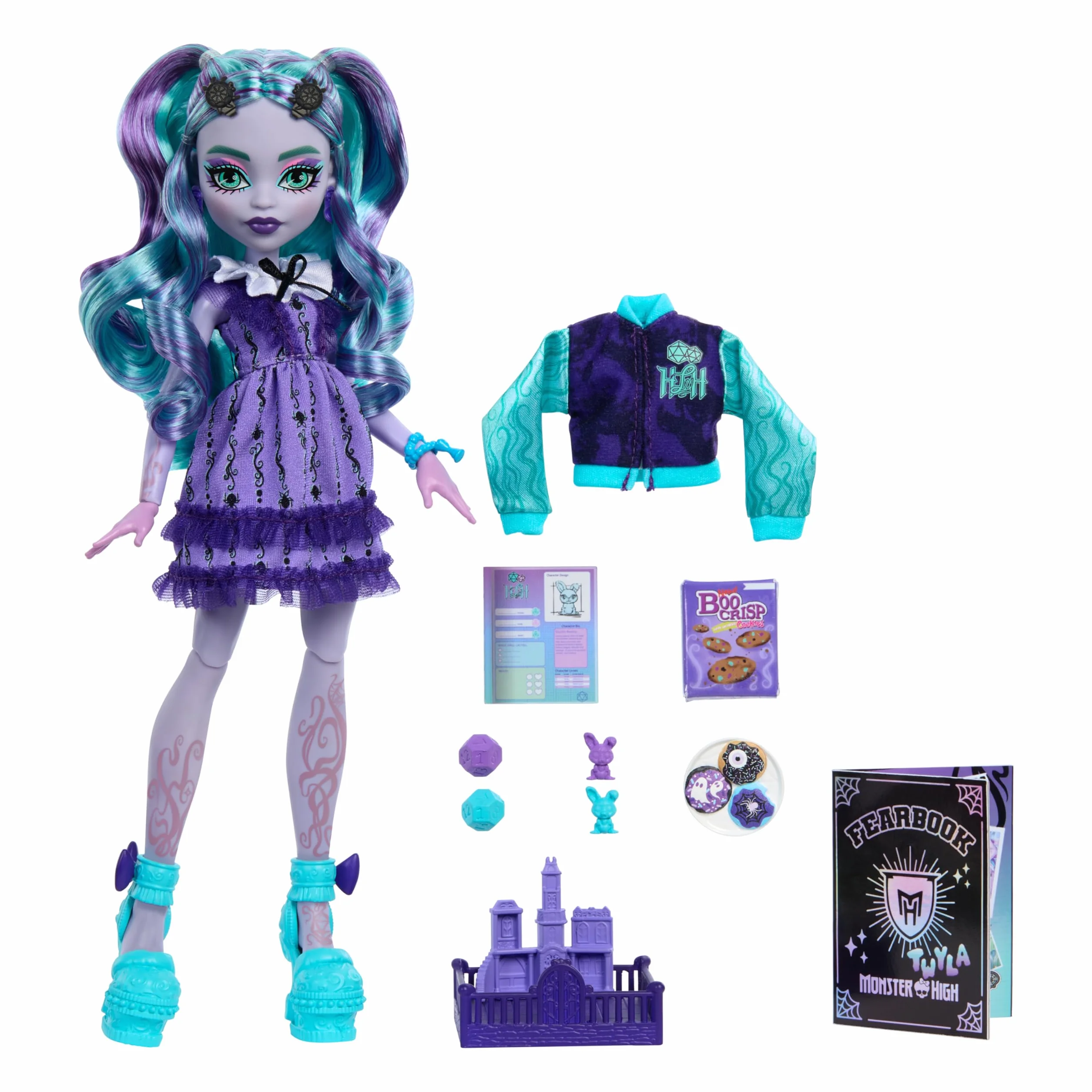 Monster High Fearbook Strasznik Twyla Zestaw z lalką z motywem klubu gier i akcesoriami, takimi jak kurtka, rocznik szkolny, gra planszowa i „ciasteczka”, HXW31
