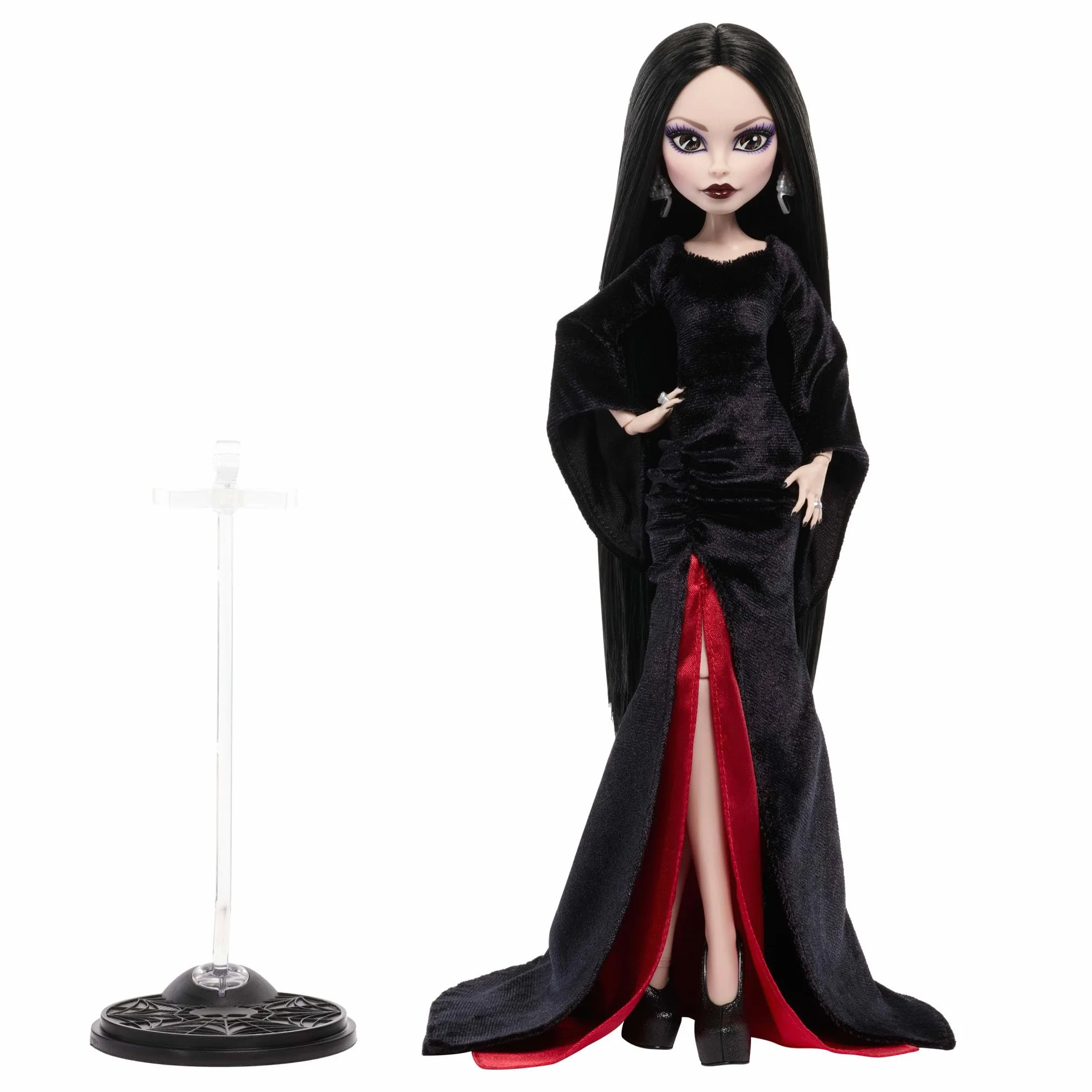 Monster High x Wednesday Morticia Addams Lalka kolekcjonerska Czarno-szkarłatna aksamitna sukienka, biżuteria, inspirowane serialem buciki na obcasie i podstawka dla lalki zabawka dla dzieci 6+, JLK99