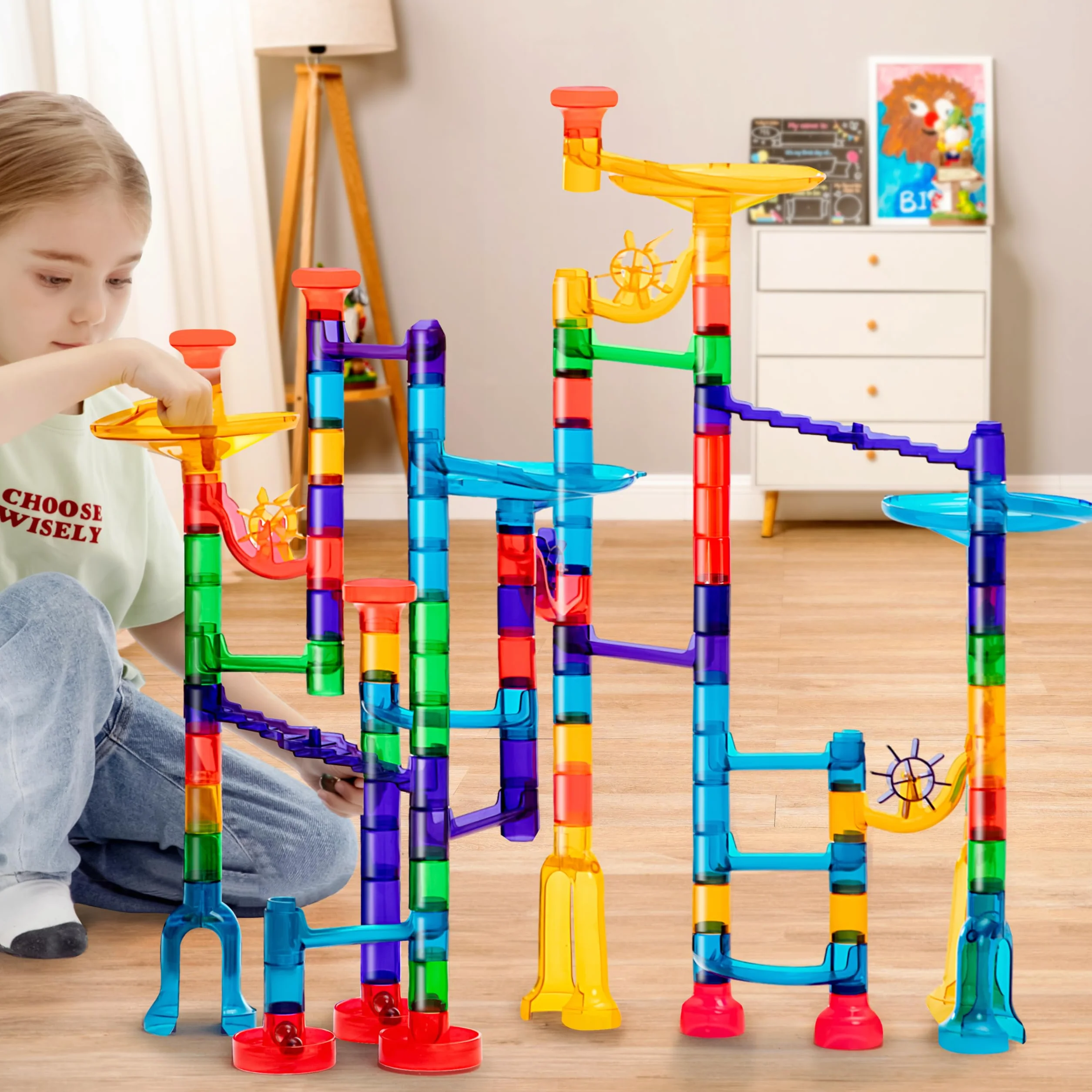 JOYIN obwody kulkowe, 150 szt. labiryntu, marmurowe kulki, klocki budowlane, zabawka edukacyjna (100 sztuk z półprzezroczystego tworzywa sztucznego + 50 szklanych koralików)