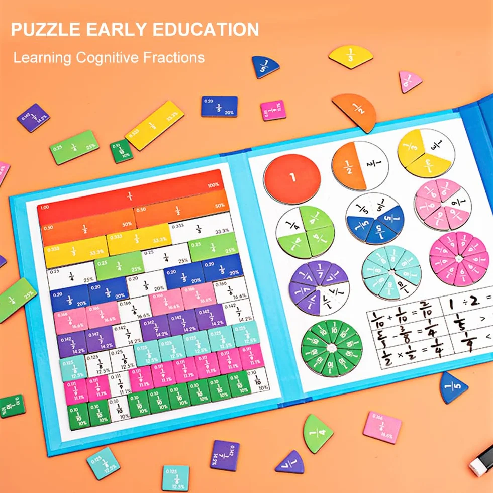 Montessori Magnetyczne Ułamkowe, Edukacyjna Ułamkowa Książeczka Gra Matematyka Dla Dzieci Do Matematyki Manipulacje Matematyczne Materiał Z Płytkami Frakcji Magnetycznej I Kołami Ułamków Od 6 Lat