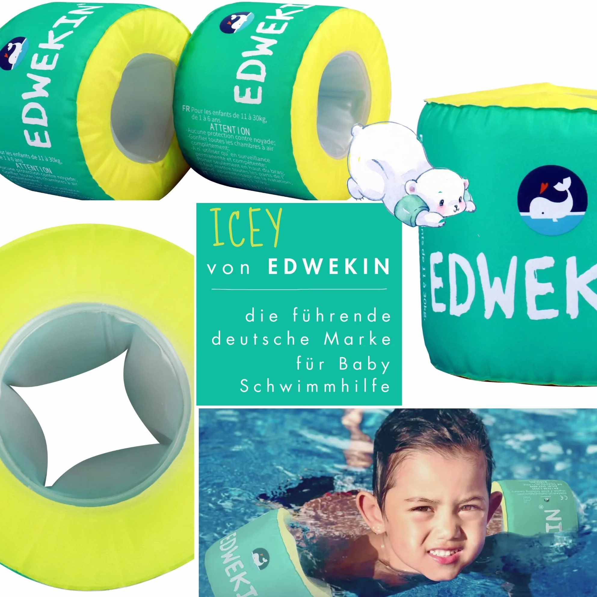 EDWEKIN® Wysokiej jakości skrzydła do pływania dla dzieci (1-6 lat), atest TÜV, bardzo duże komory powietrzne, idealna pomoc w pływaniu dla niemowląt i małych dzieci, przezroczyste wzornictwo