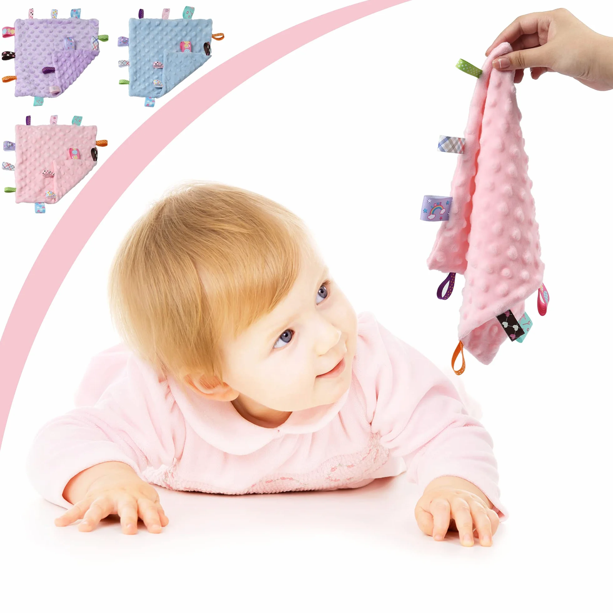 CREVENT Polarowa pluszowa etykieta, koc bezpieczeństwa dla niemowląt, miękki, dla małych ukochanych, koc sensoryczny, świetny prezent na urodziny, baby shower, 24,5 x 24,5 cm, fioletowa metka