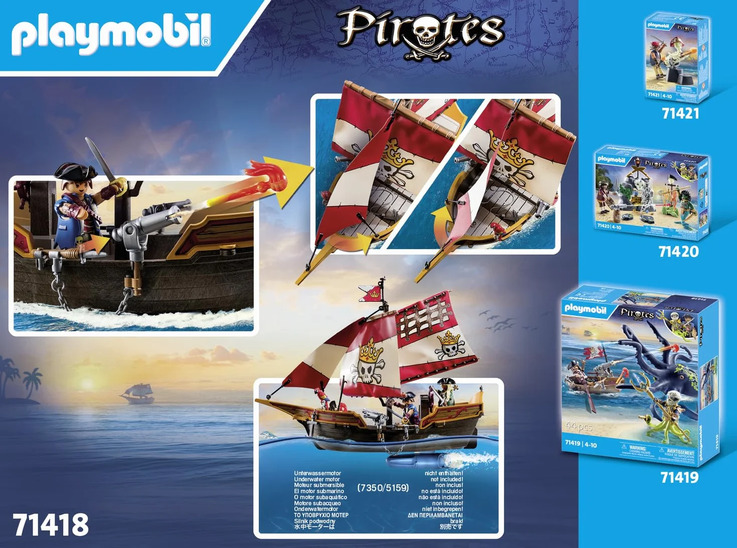PLAYMOBIL Pirates 71418 Statek piracki, ciekawe, pirackie przygody na pełnym morzu, z bogatym wyposażeniem: teleskop, kompas i armaty, od 4 roku życia
