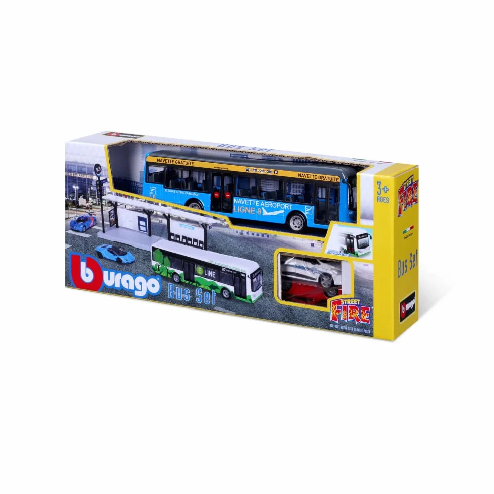 BBURAGO 1/64 PUBLICZNY TRANSPORT - Playset City Bus + Stacja + 2 pojazdy -, Niebieski lub Zielony