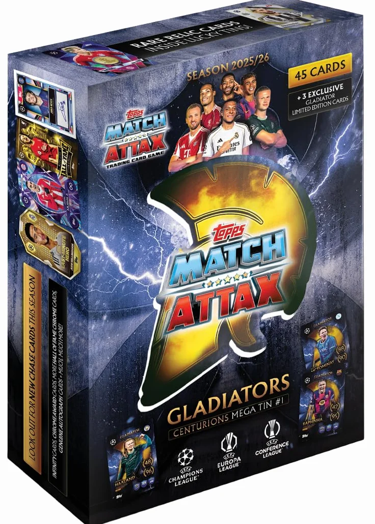 Topps UCC Match Attax 2025/26 - Mega Tin - Centurions - zawiera 45 kart Match Attax Plus 3 ekskluzywne karty Gladiators LE.