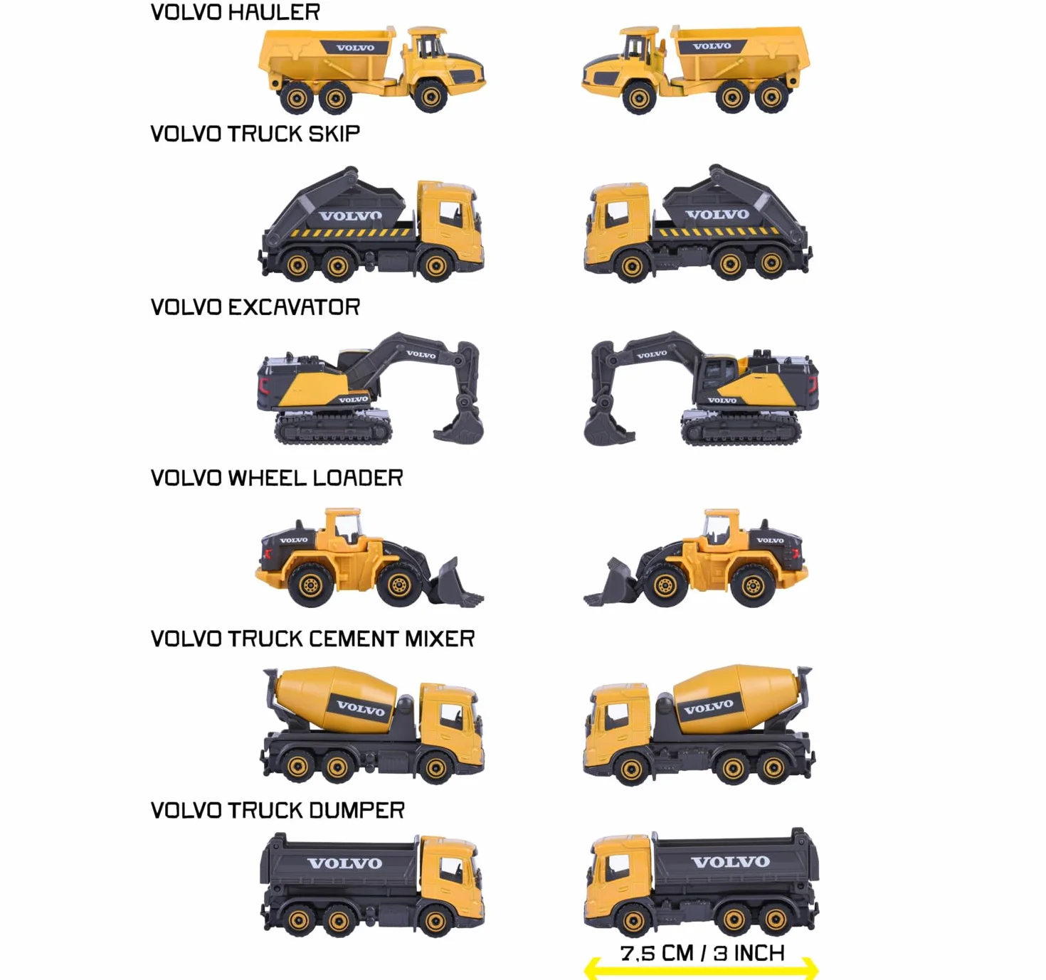 Majorette Volvo Construction 3-częściowy zestaw metalowych pojazdów budowlanych z ruchomymi częściami, 7,5 cm, +3 lata, 2 zestawy, CASUAL ADRES, 8503104000