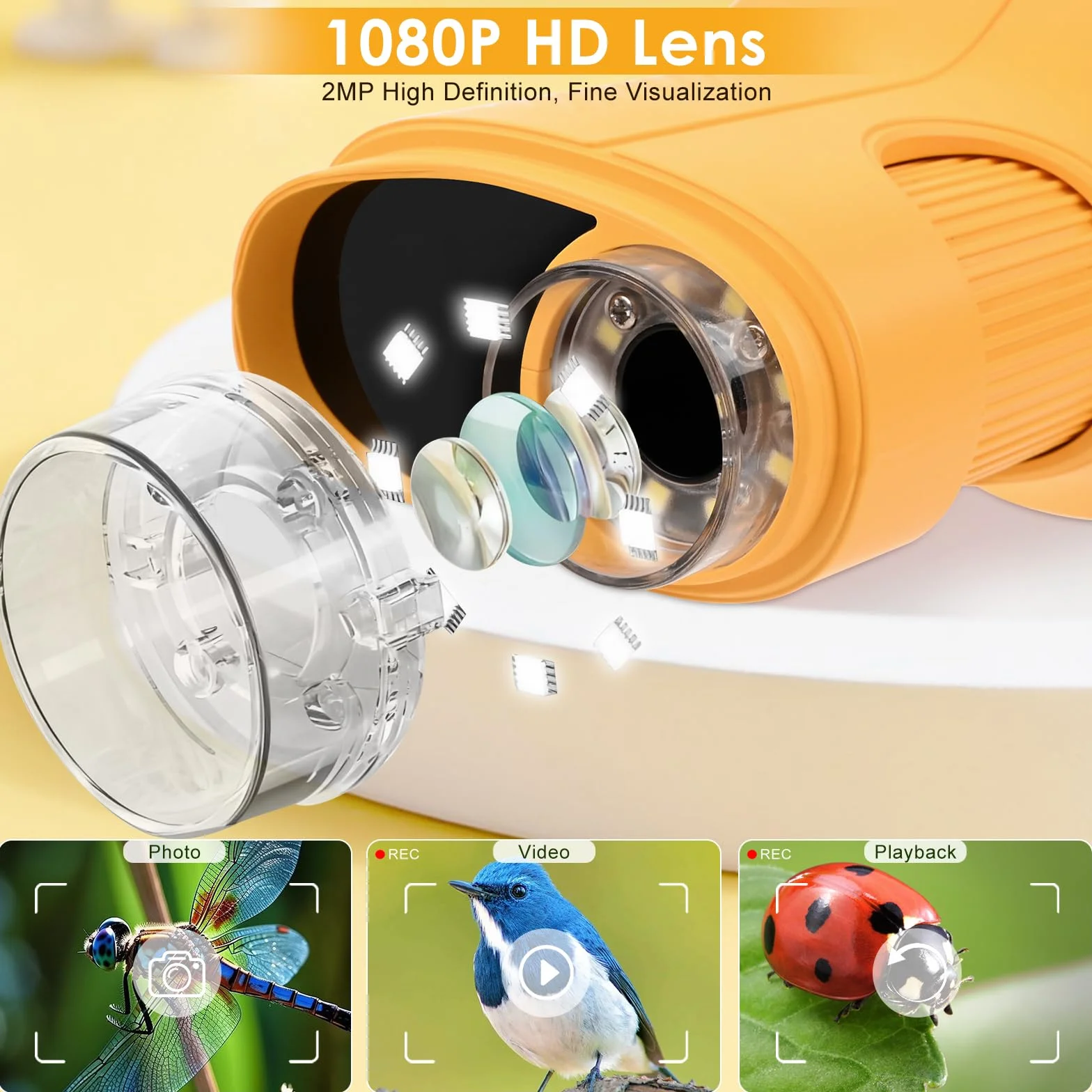 Mikroskop dla dzieci 1000X 4K Cyfrowy mikroskop dla dzieci z wyświetlaczem 1080P HD 2,4″ IPS i 8 LED, 1080P HD Przenośny mikroskop, ładowanie USB, nauka na zewnątrz od 3 lat (pomarańczowy)