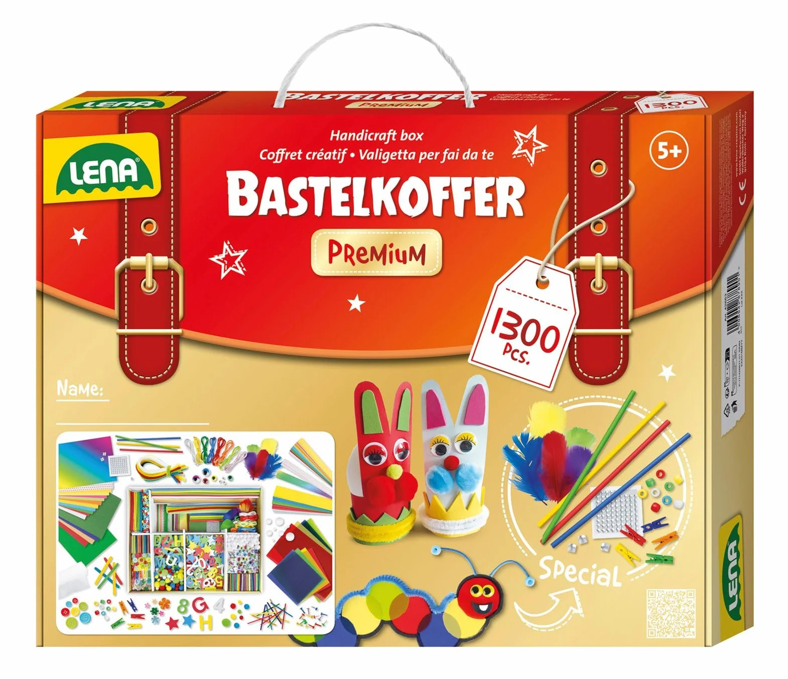 Lena 42663 Walizka do majsterkowania klasy premium, XXL, 1300 elementów, materiał do majsterkowania, z gumą piankową, kolorowym papierem, perłami, kwiatami, pomponami, wstążkami, guzikami, okrągłymi