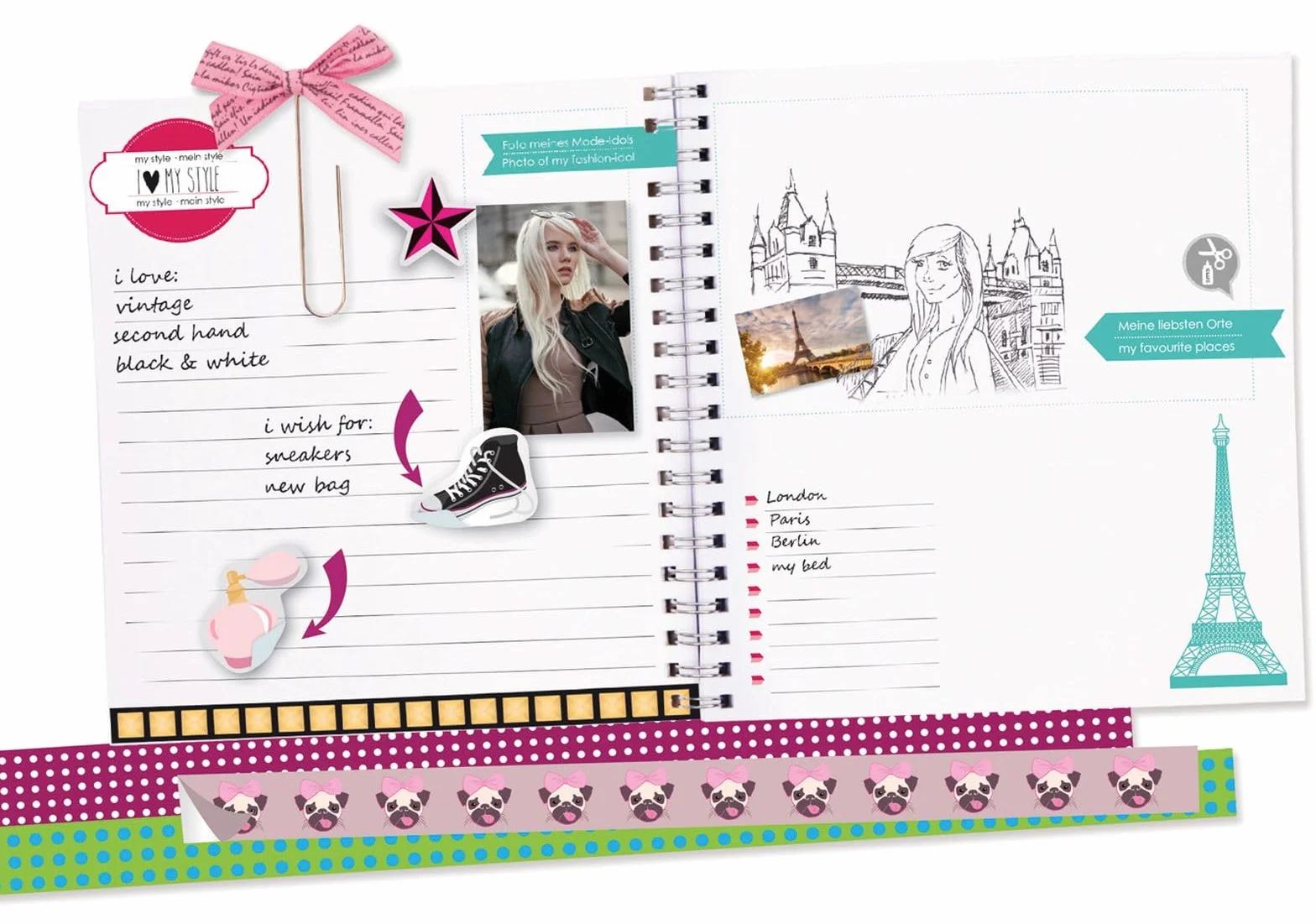 Lena 42332 - Zestaw Scrapbookingu z Albumem, 20 Tematów, 18 Arkuszy Naklejek, 300 Motywów, Narożniki Zdjęć, 2 Klipsy Wstążki, Kreatywny Zestaw dla Dzieci od 8 Lat