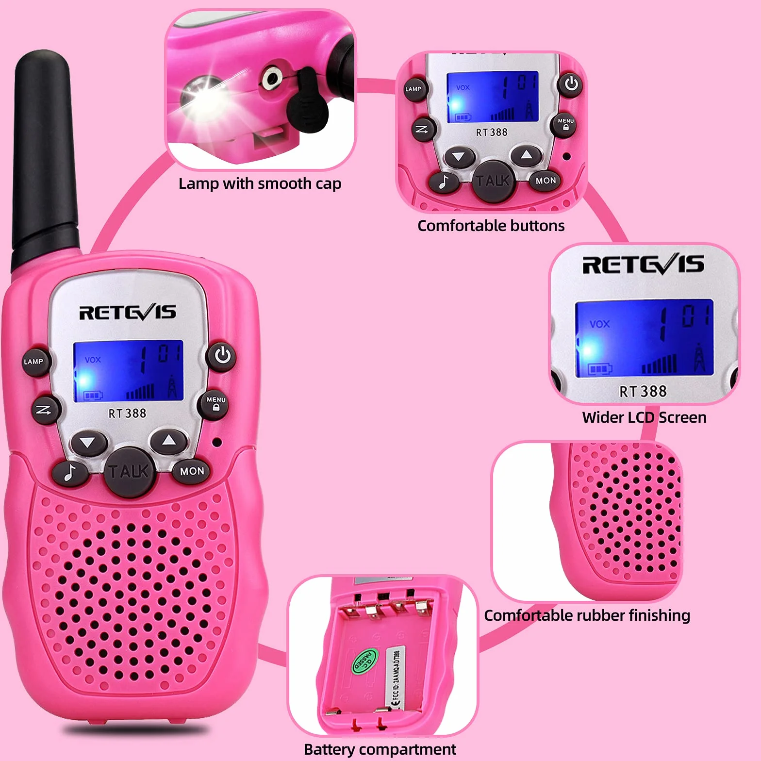 Retevis RT388 Walkie Talkie dla Dzieci PMR446 8 Kanałów Różowy dla Dziewczynek - Latarka VOX Zabawki Prezenty Pisanki (Różowe, 1 Para)