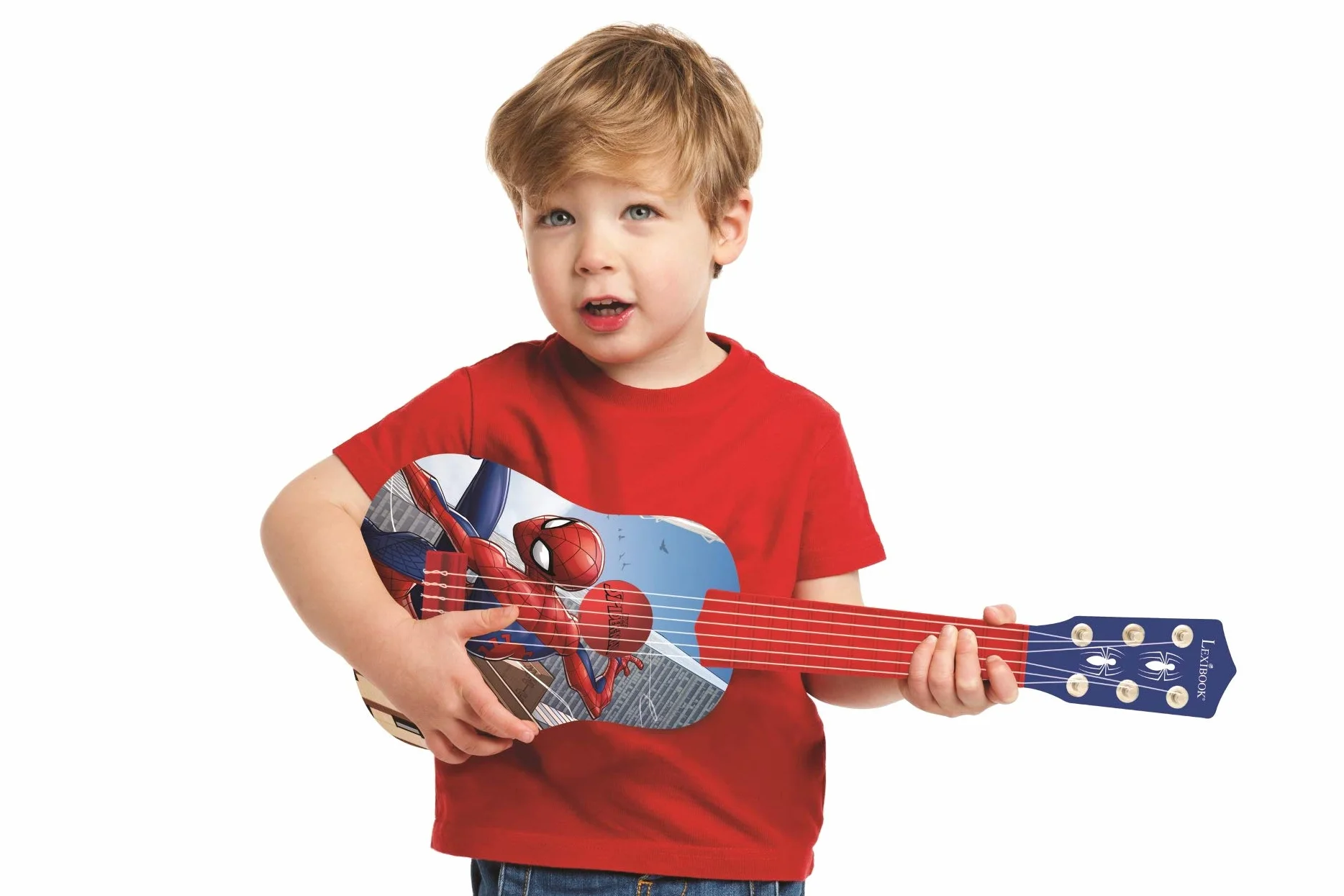 LEXIBOOK K200SP Marvel Spider-Man Peter Parker My First Guitar, 6 strun nylonowych, 53 cm, przewodnik edukacyjny w zestawie, niebieski/czerwony