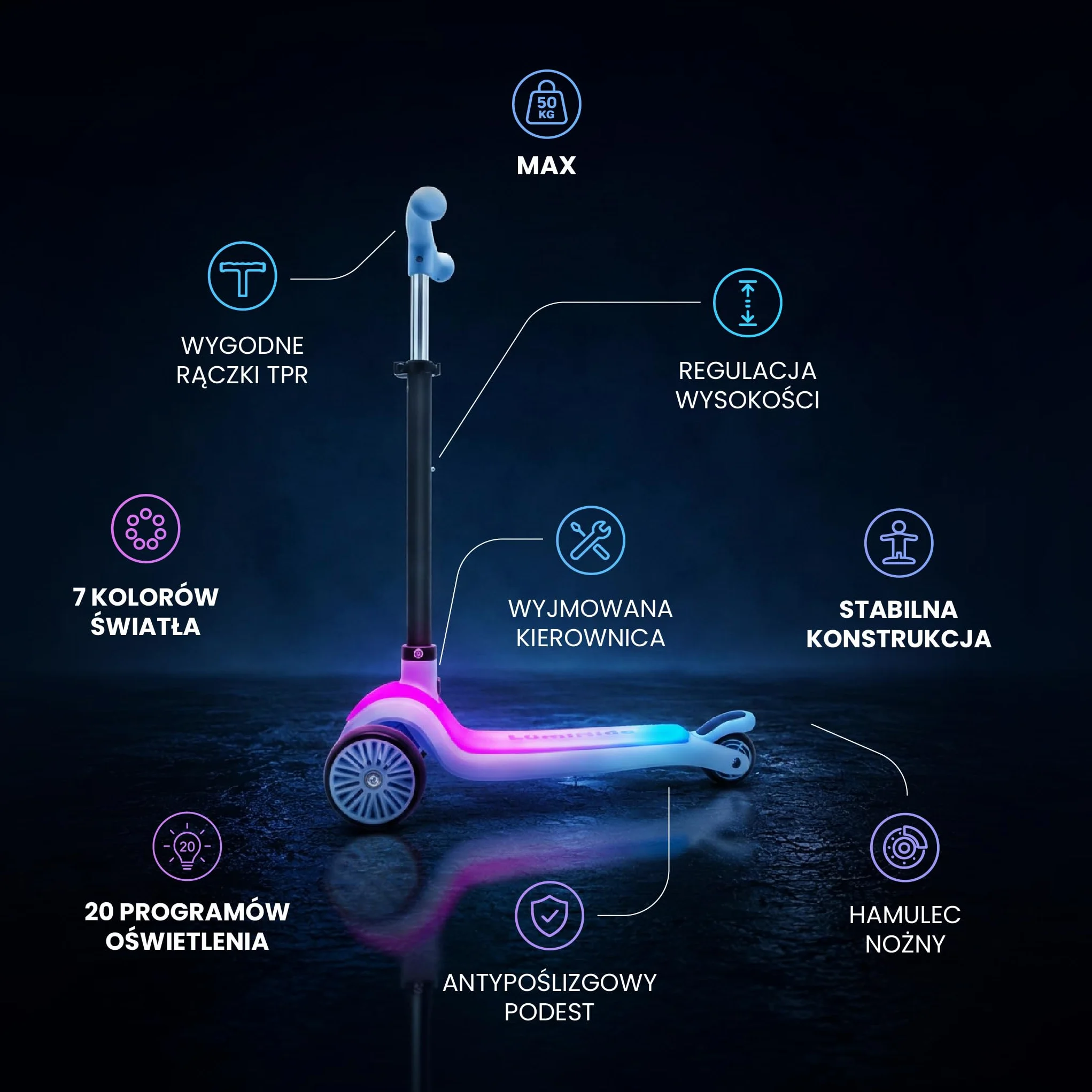 LUMI RIDE Hulajnoga Trójkołowa dla dzieci LED 3+, Balansowa, Składana, Regulowana Kierownica, Hamulec Nożny, Antypoślizgowy Podest, Wyjmowana Kierownica
