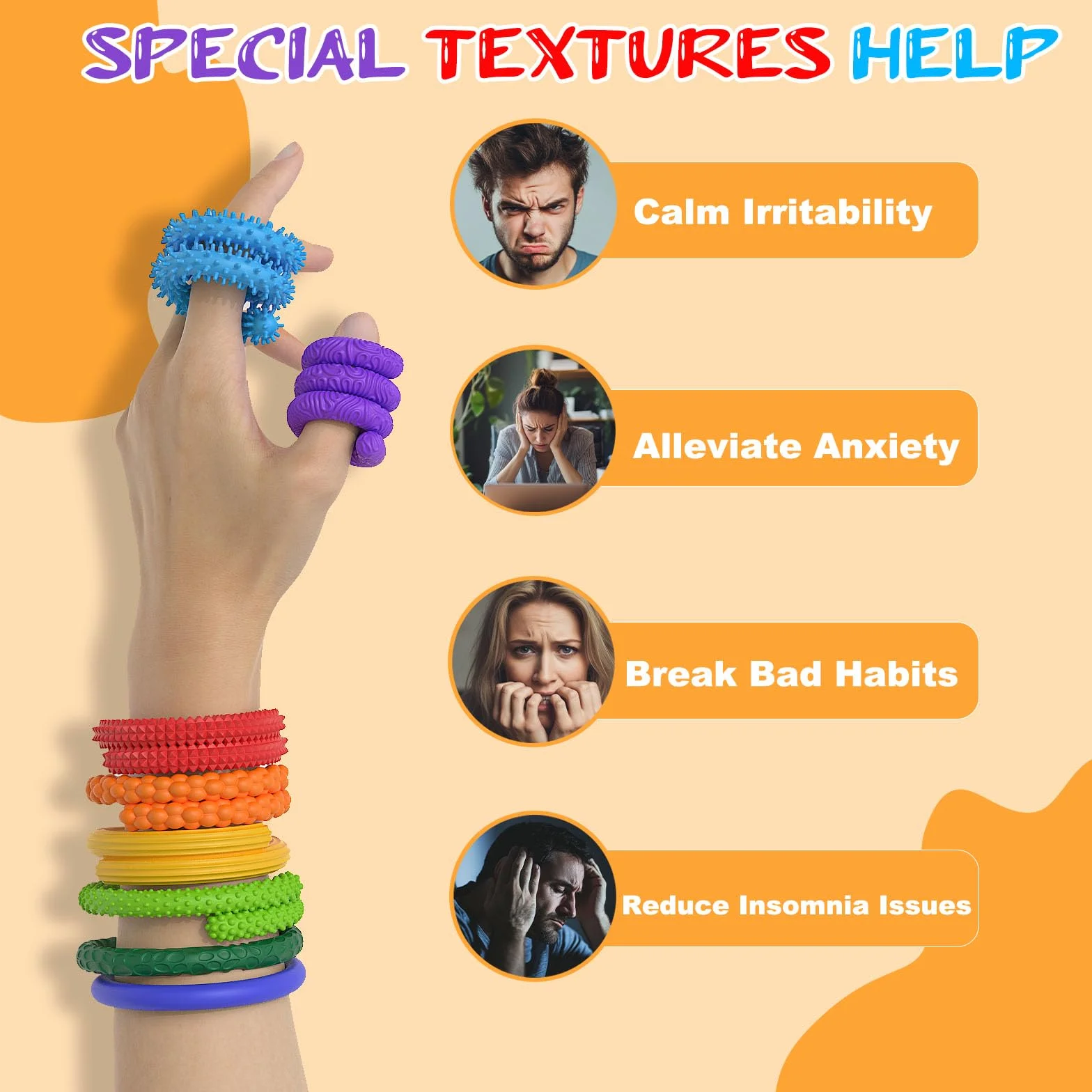 Zabawki Sensoryczne Fidget, 8szt Fidget Toys Twist Stick, Zabawki Sensoryczne dla Dorosłych, Teksturowane Silikonowe Patyczki, Relaksujące Patyczki dla ADHD Autyzmu