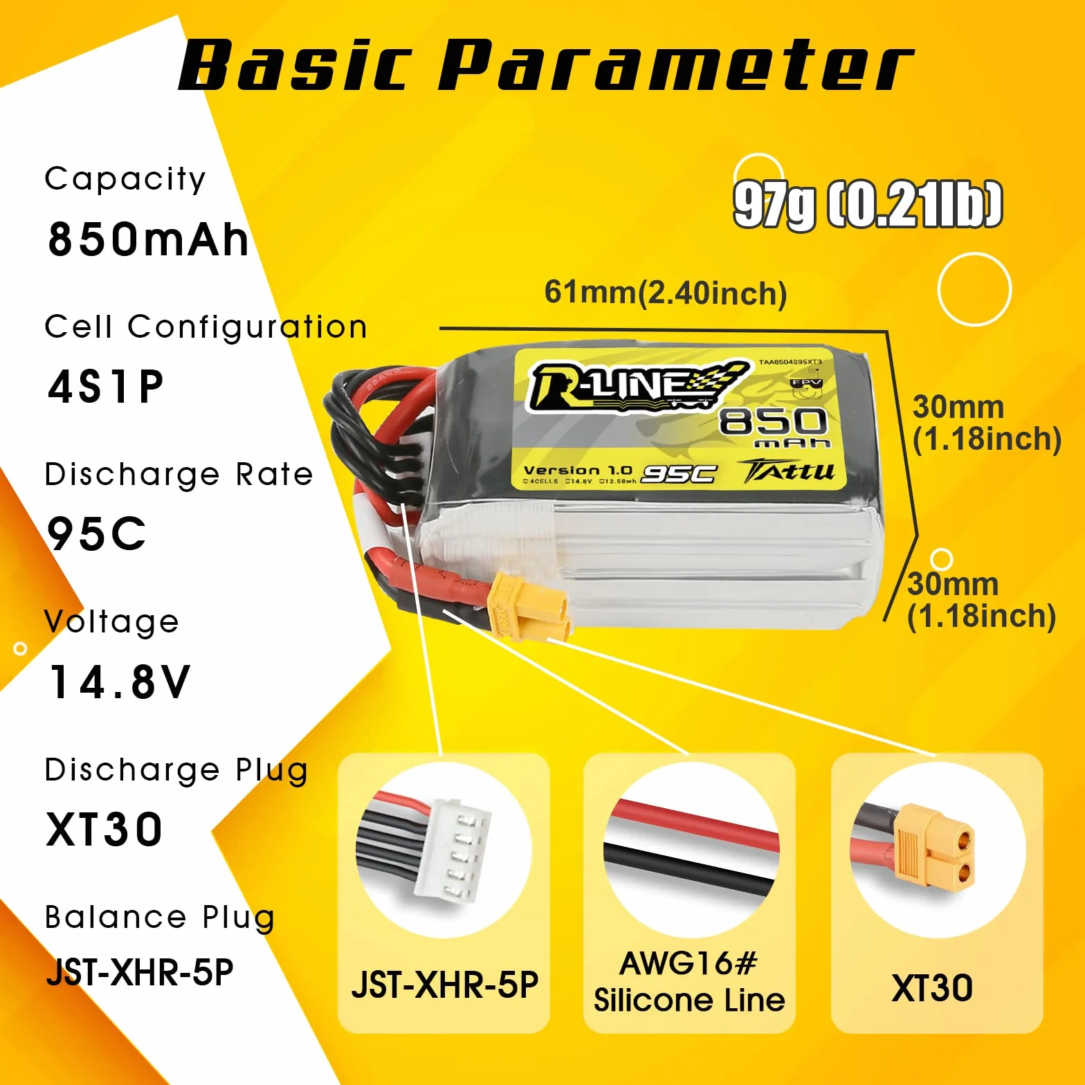 Tattu 4S Lipo akumulator 850 mAh 14,8 V 95C Lipo akumulator Lipo seria R-Line Pack z wtyczką XT30 nadaje się do Multirotor FPV w rozmiarze od 100 do 180