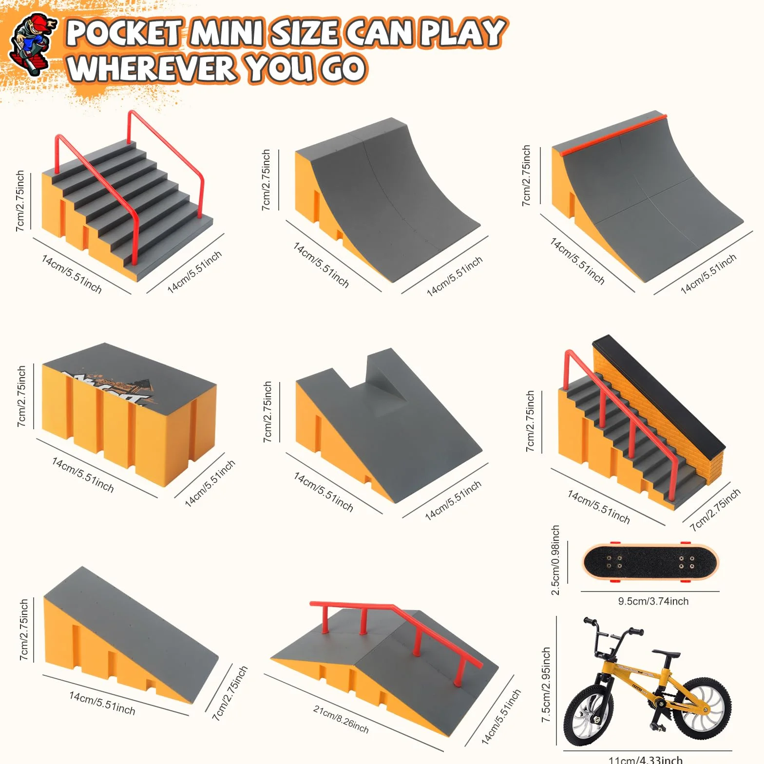 Tlater Mini Finger Deskorolka Zestaw Park Kits, 14 w 1, deskorolka z 14 rampami, 8 podkładkami na palec, 1 rower na palec, zabawka edukacyjna DIY, prezent dla dzieci
