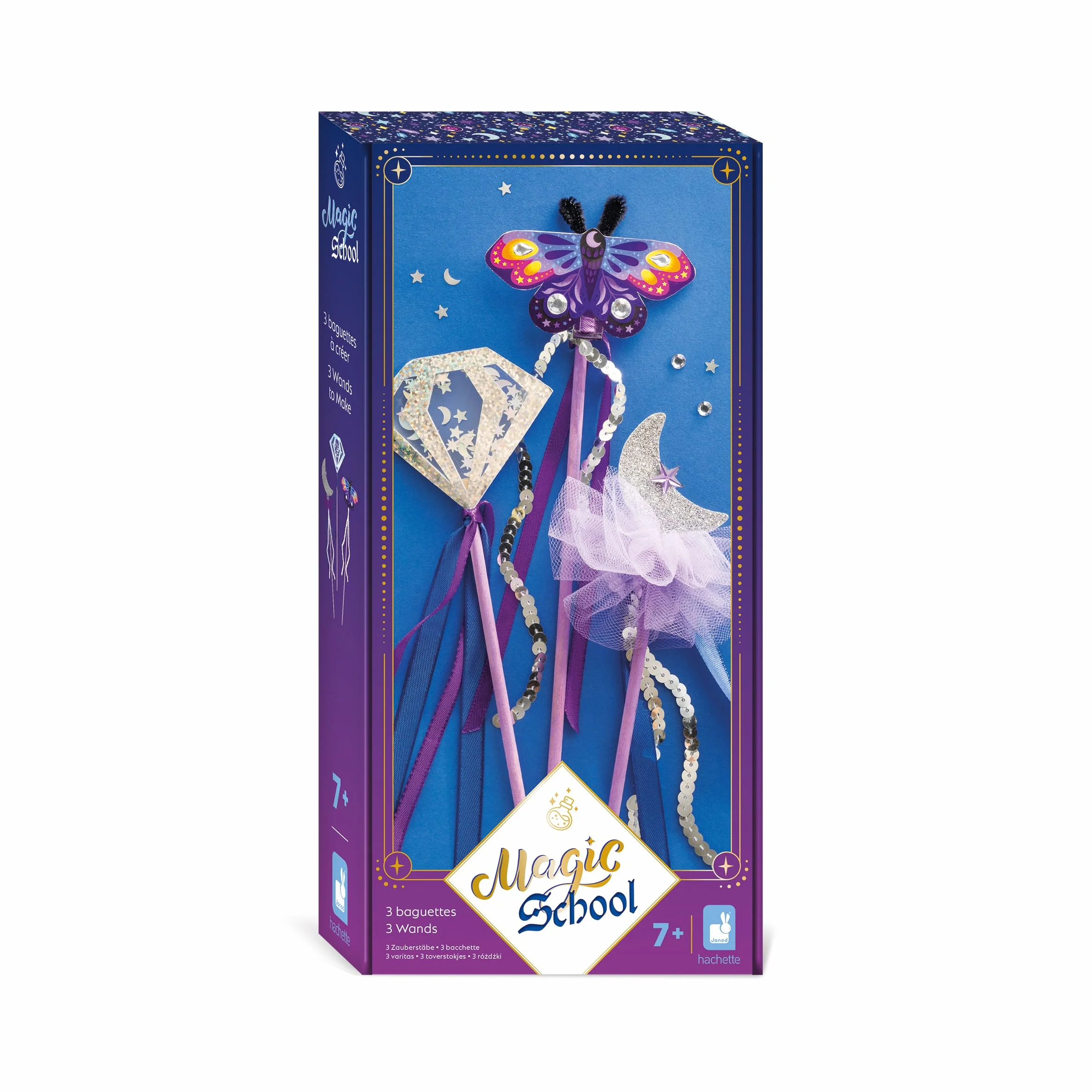 Janod School-3 Create Wands-Kids Activity-Arts & Crafts Kit - ze wstążkami, cekinami i nicią szenilową - magiczny wszechświat - zestaw dla dzieci w wieku 3 +, J09136, wielokolorowy