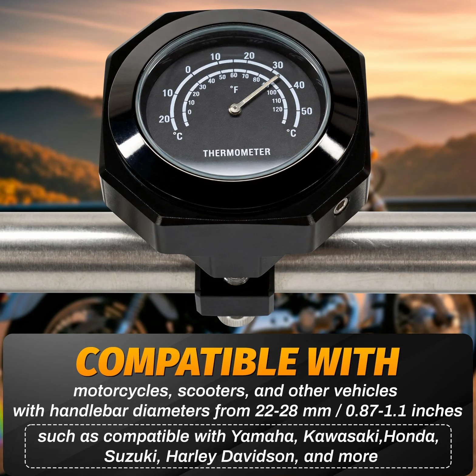 Riloer Termometr na kierownicę, wskaźnik temperatury ze stopu, wodoodporny, termometr do motocykla, kompatybilny z Yamaha Kawasaki, czarny