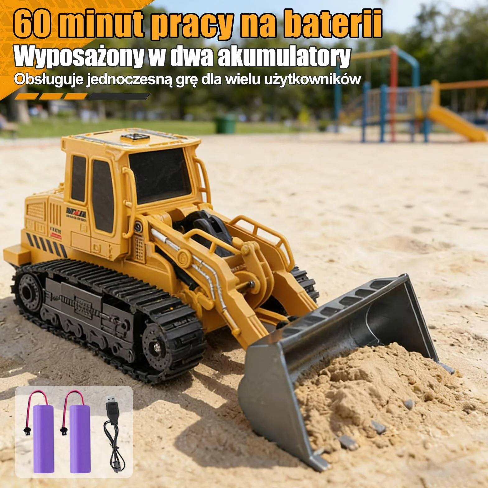 Jiakora Zdalnie sterowany buldożer, 2,4 GHz RC samochód traktor ciężarówka, ładowarka kołowa zdalnie sterowana światłem i dźwiękiem, 2 akumulatory 60 minut, koparka, pojazdy na placu budowy, zabawka