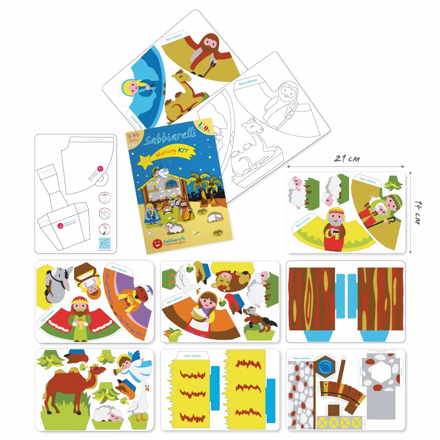 Sabbiarelli Sand-it For Fun – Maxi Kit Nativity 3-99 | Kit Sand Art 100% Made in Italy z Kolorowym Piaskiem, Rysunkami i Akcesoriami | Stwórz Szopkę | Prace dla Całej Rodziny