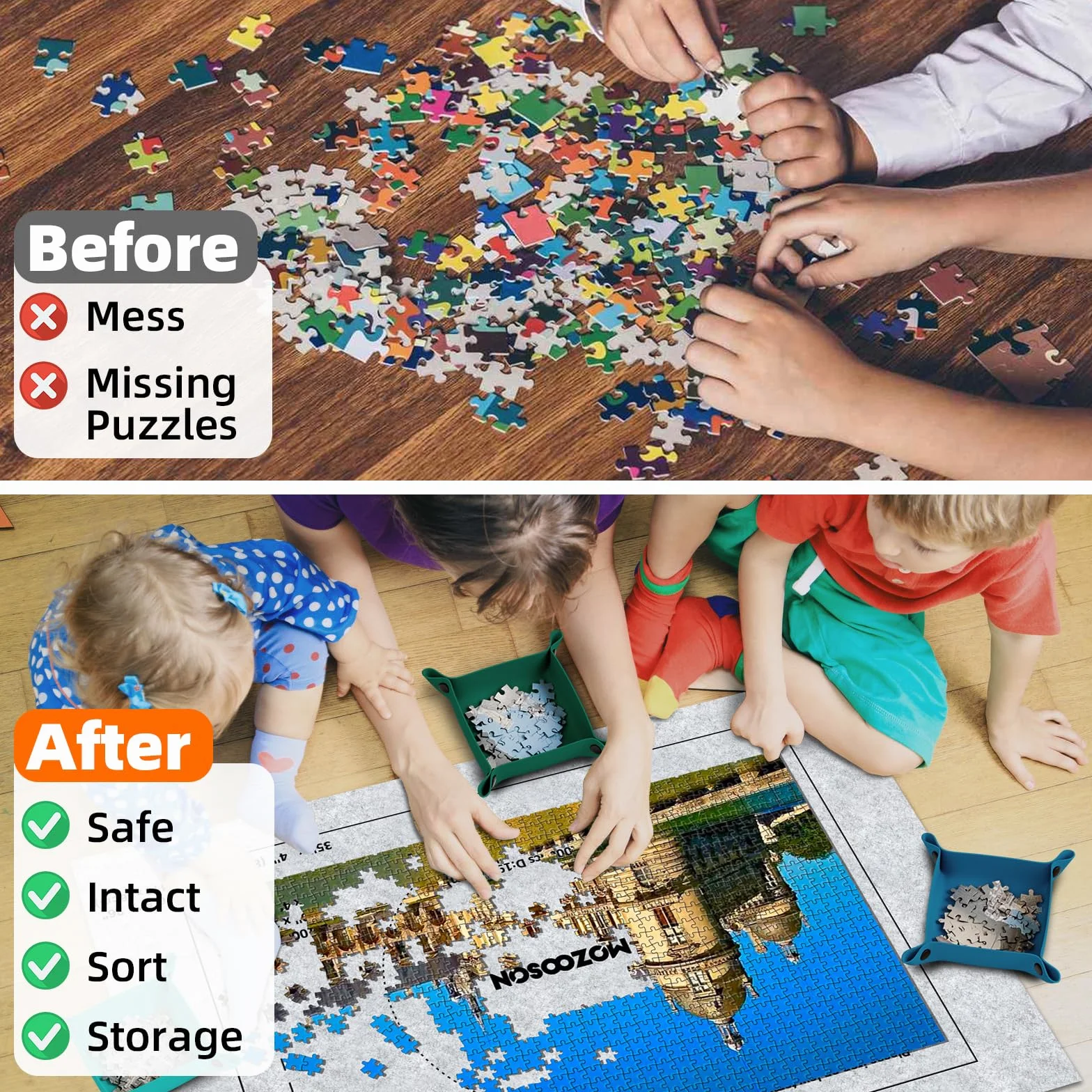 MOZOOSON Mata do układania, przenośna mata do puzzli, mata do puzzli, dla dorosłych, 1000, 1500 sztuk z pompką (szara)